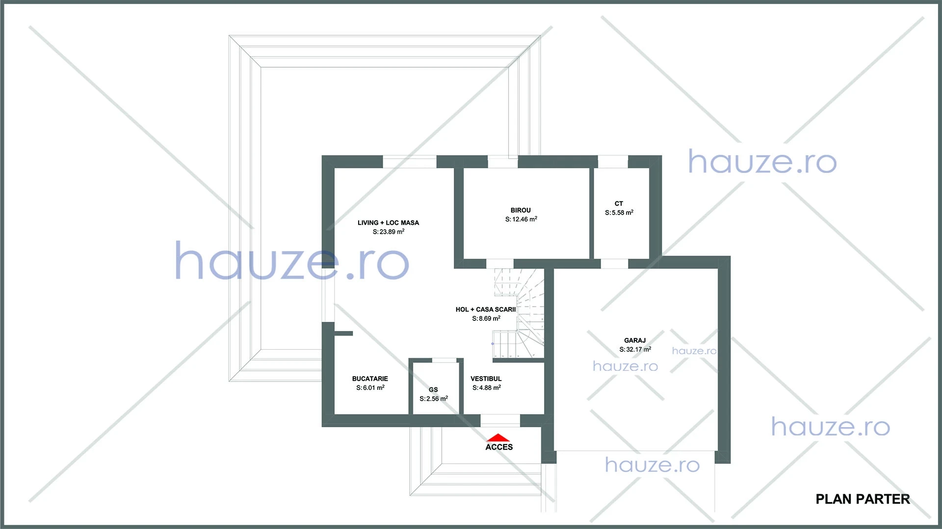 Plan parter casă 4 dormitoare – Mia – 174 m² utili