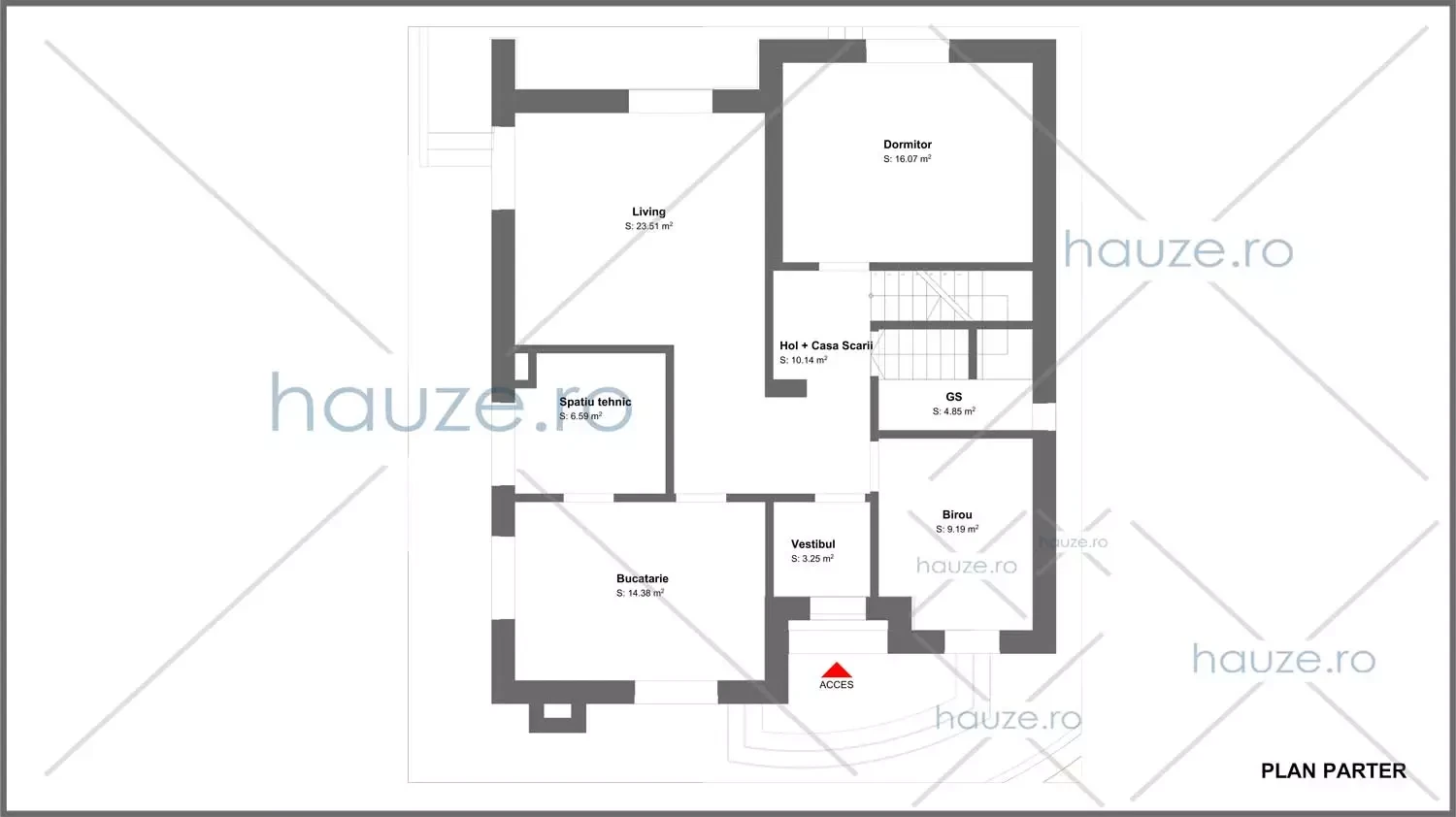 Plan parter casă 4 dormitoare – Pearl – 180 m² utili