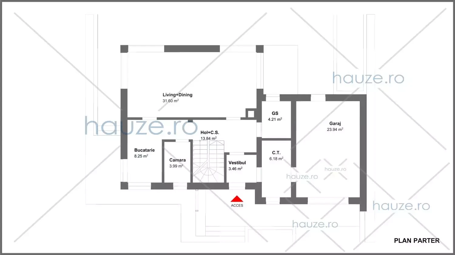 Plan parter casă 3 dormitoare – Ruth – 165 m² utili
