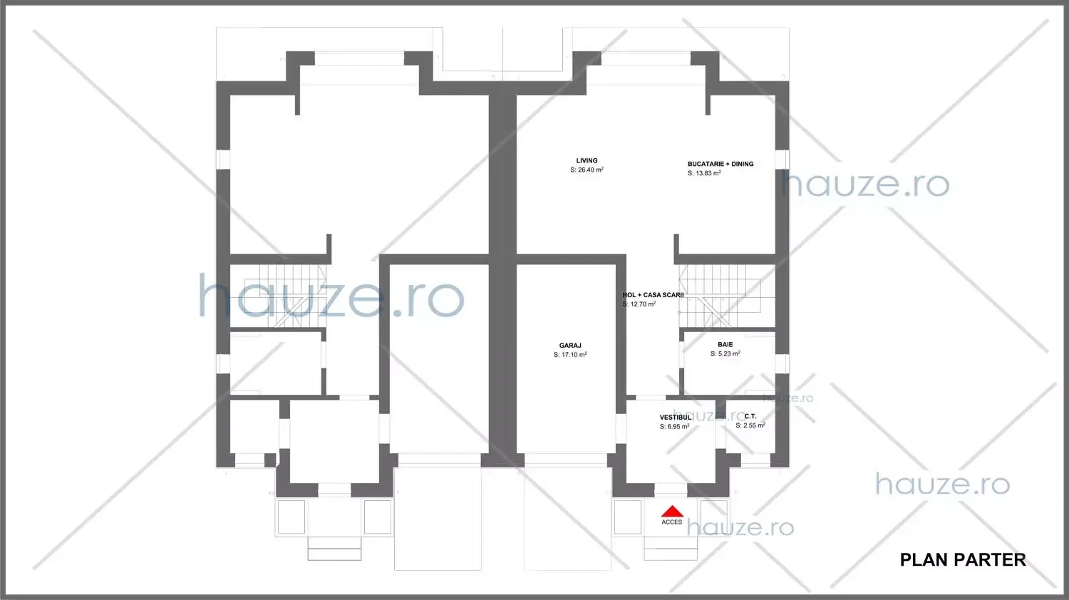 Plan parter casă 3 dormitoare – Annie – 168 m² utili