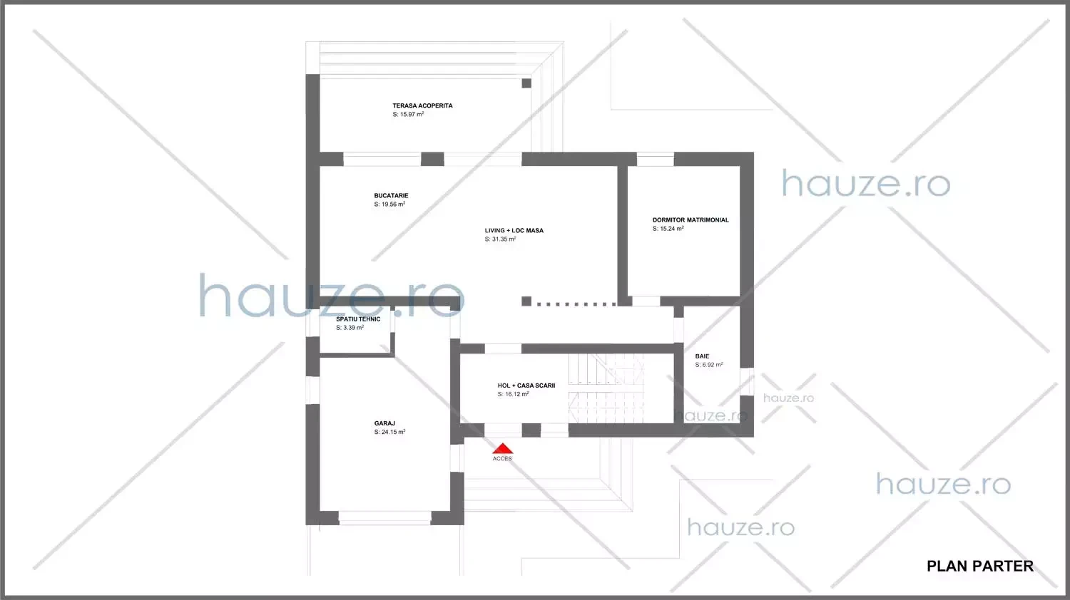 Plan parter casă 2 dormitoare – Moro – 156 m² utili