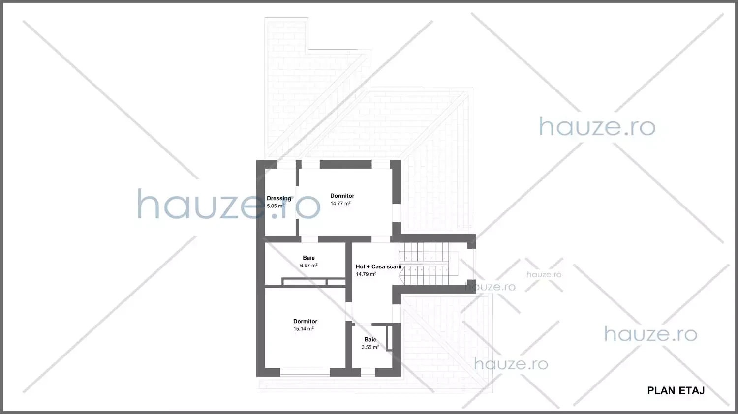 Plan etaj casă 2 dormitoare – Aria – 169 m² utili