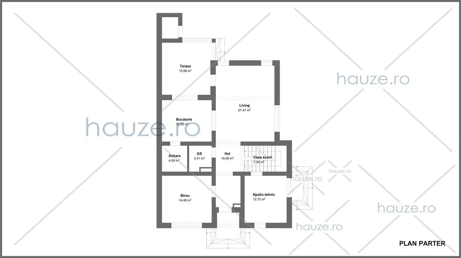 Plan parter casă 2 dormitoare – Aria – 169 m² utili