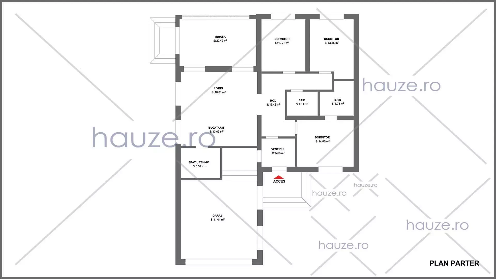 Plan parter casă 3 dormitoare – Robin – 172 m² utili