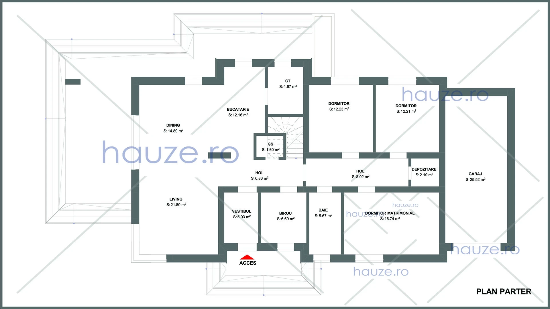 Plan parter casă 3 dormitoare – Freya – 131 m² utili