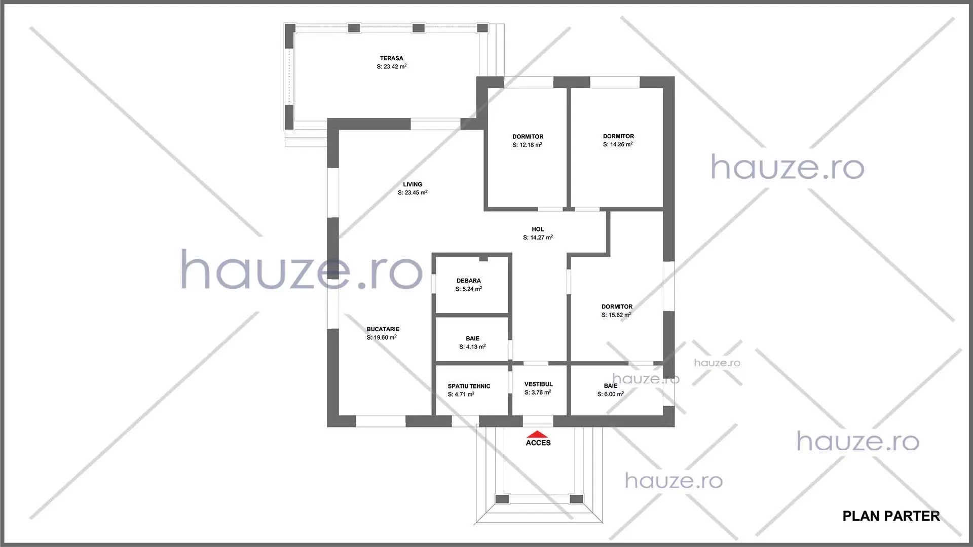 Plan parter casă 3 dormitoare – Felicity – 123 m² utili