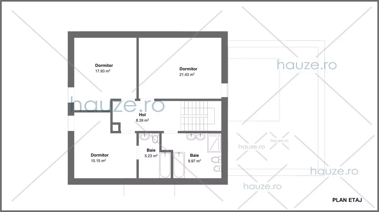 Plan etaj casă 3 dormitoare – Julia – 208 m² utili
