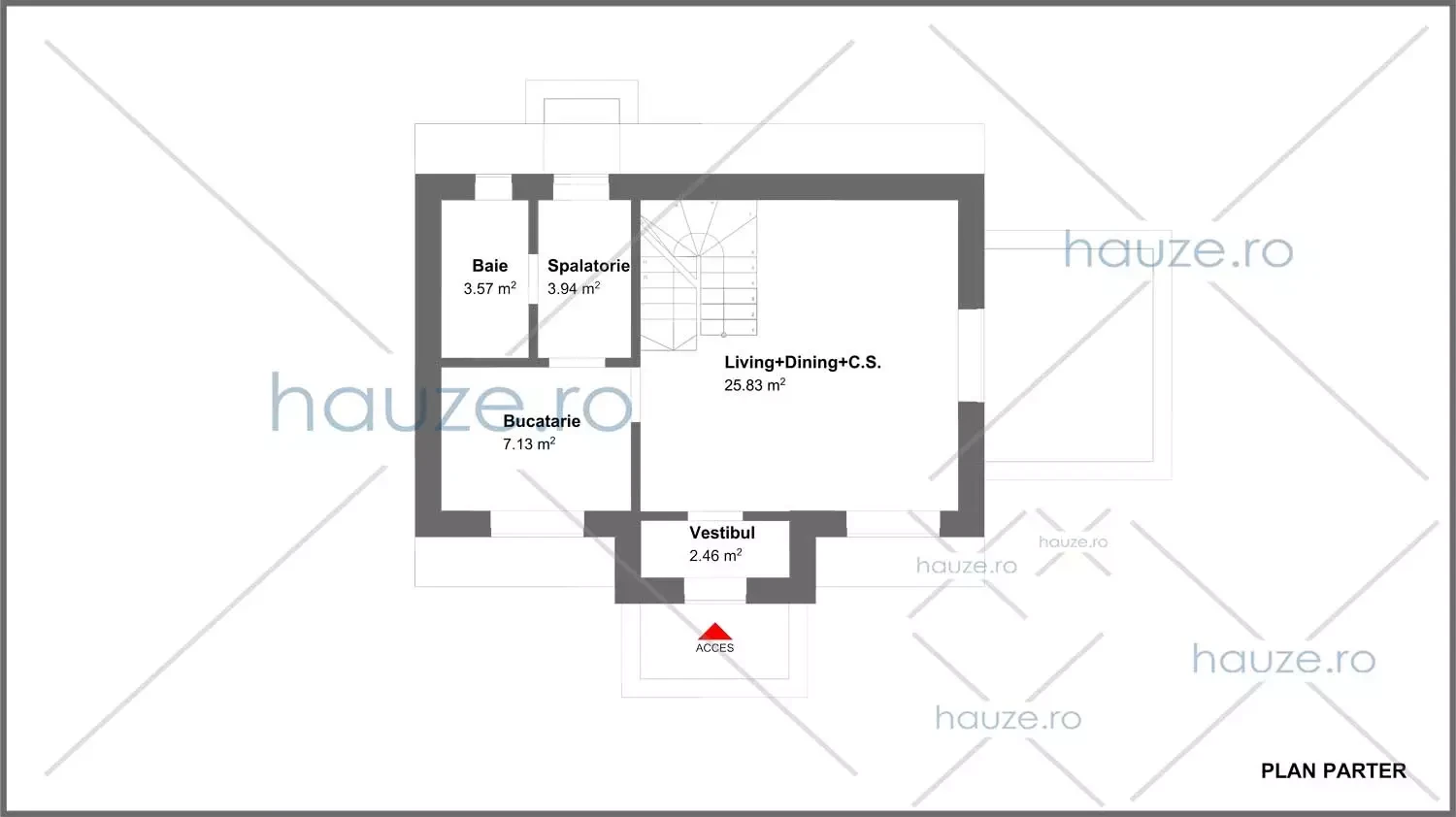 Plan parter casă 2 dormitoare – Lucy – 78 m² utili