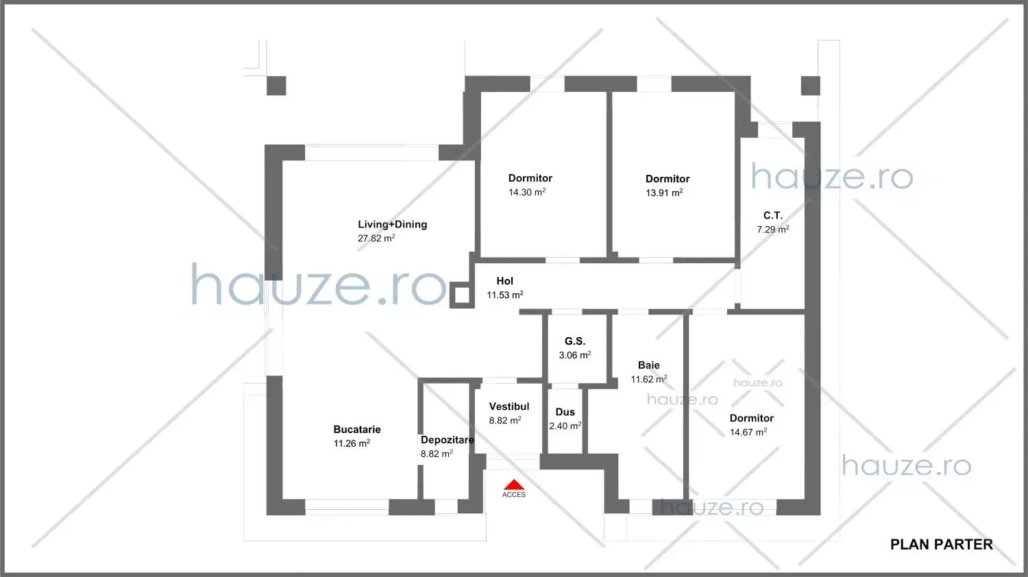 Plan parter casă 3 dormitoare – Ruby – 136 m² utili