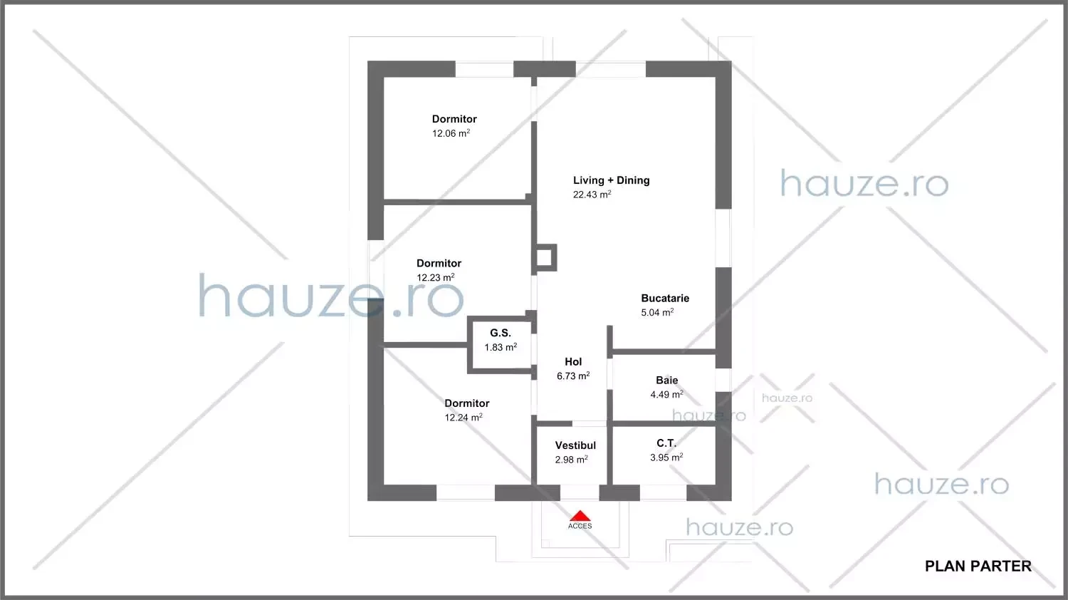 Plan parter casă 3 dormitoare – Alice – 84 m² utili