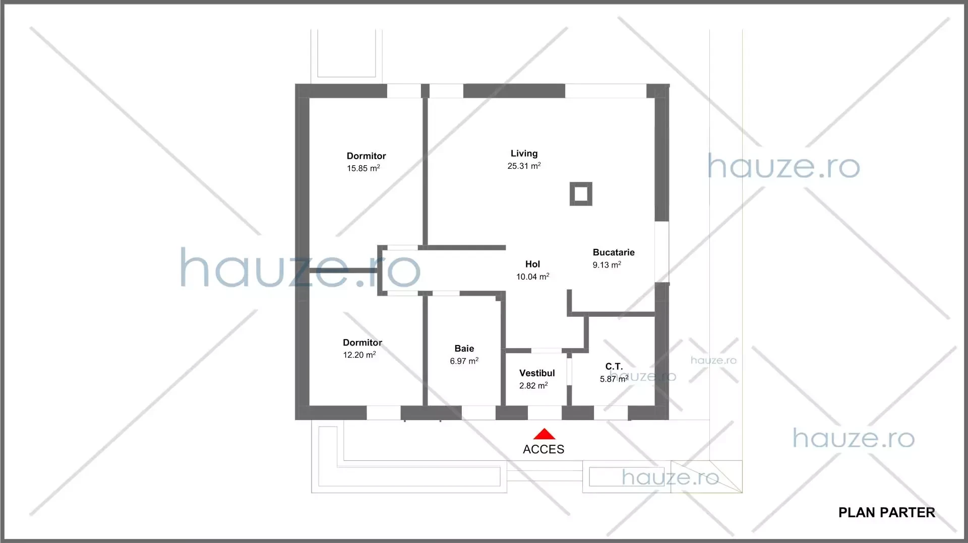 Plan parter casă 2 dormitoare – Darcie – 88 m² utili