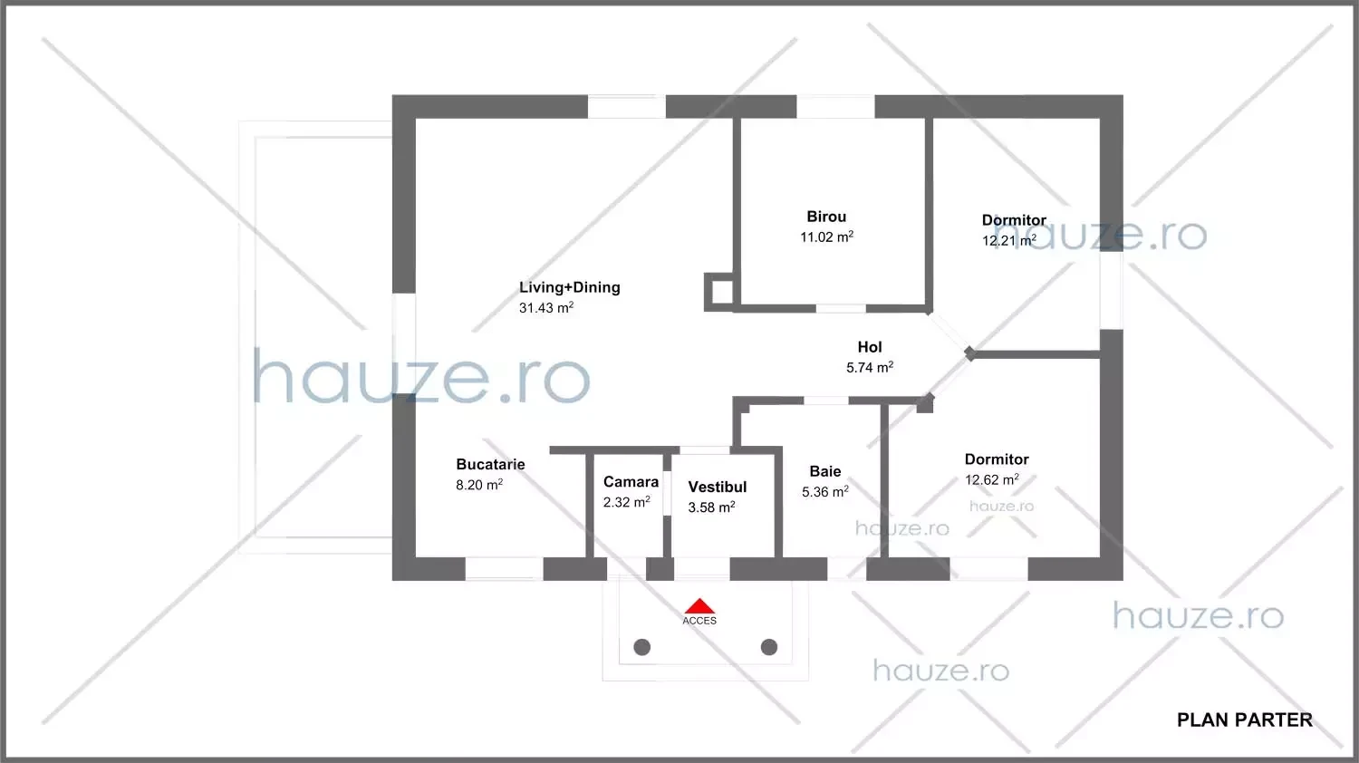 Plan parter casă 2 dormitoare – Caroline – 92 m² utili
