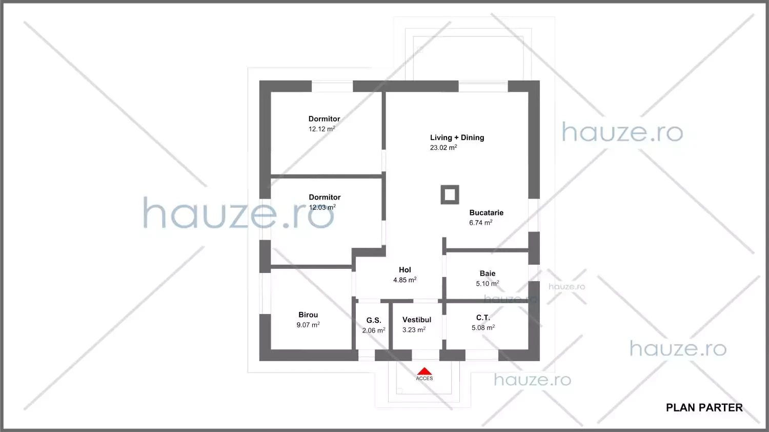 Plan parter casă 2 dormitoare – Adele – 83 m² utili