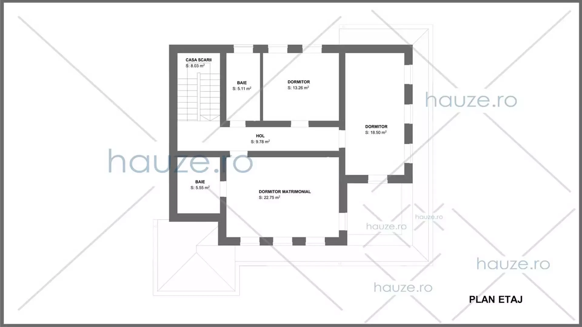 Plan etaj casă 3 dormitoare – Roa – 195 m² utili