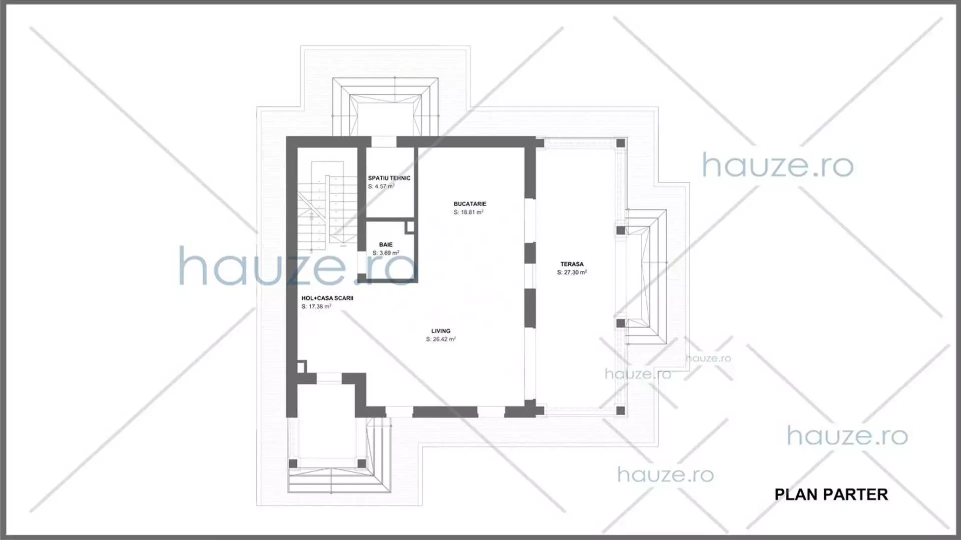 Plan parter casă 3 dormitoare – Roa – 195 m² utili
