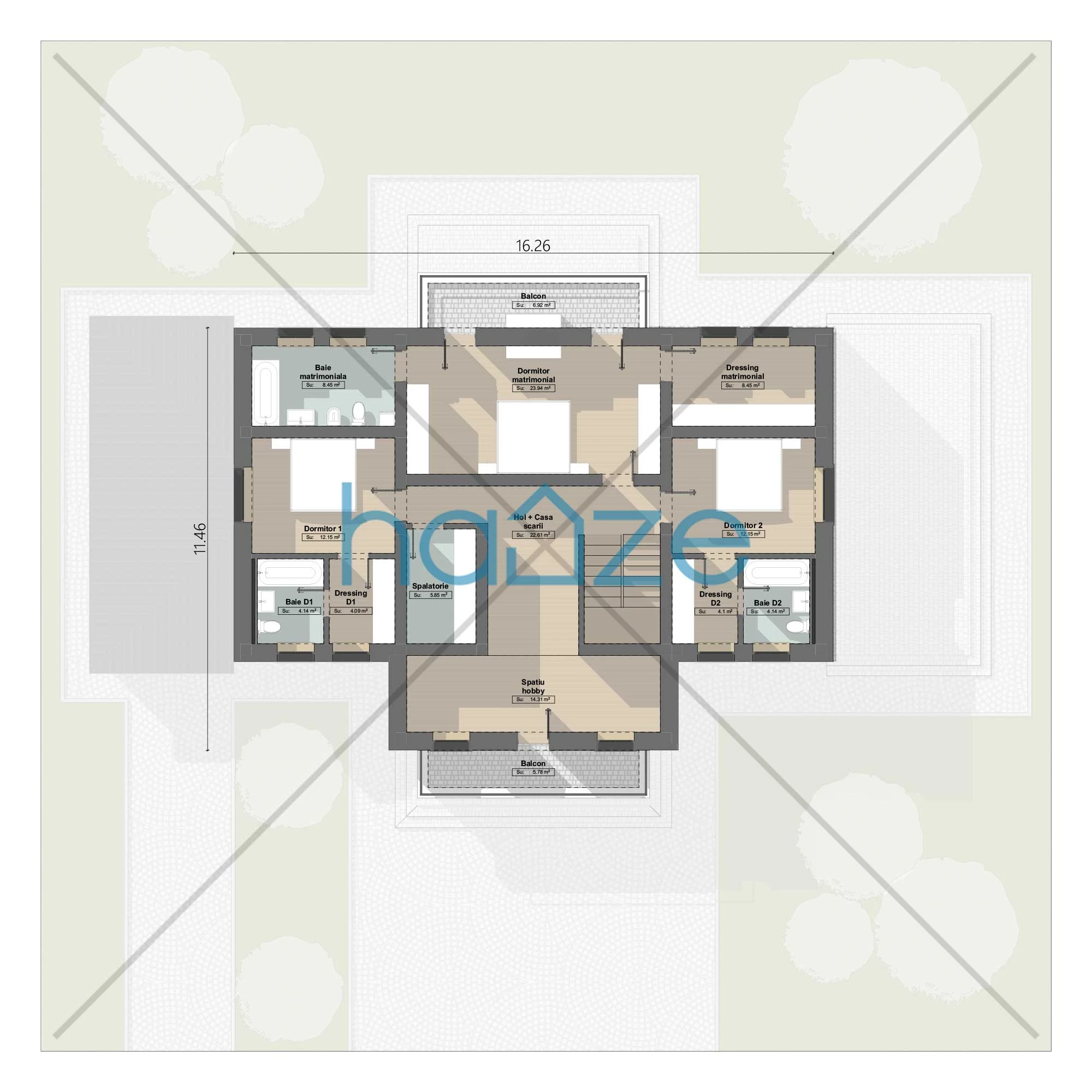 Plan etaj casă 4 dormitoare – Emily – 282 m² utili
