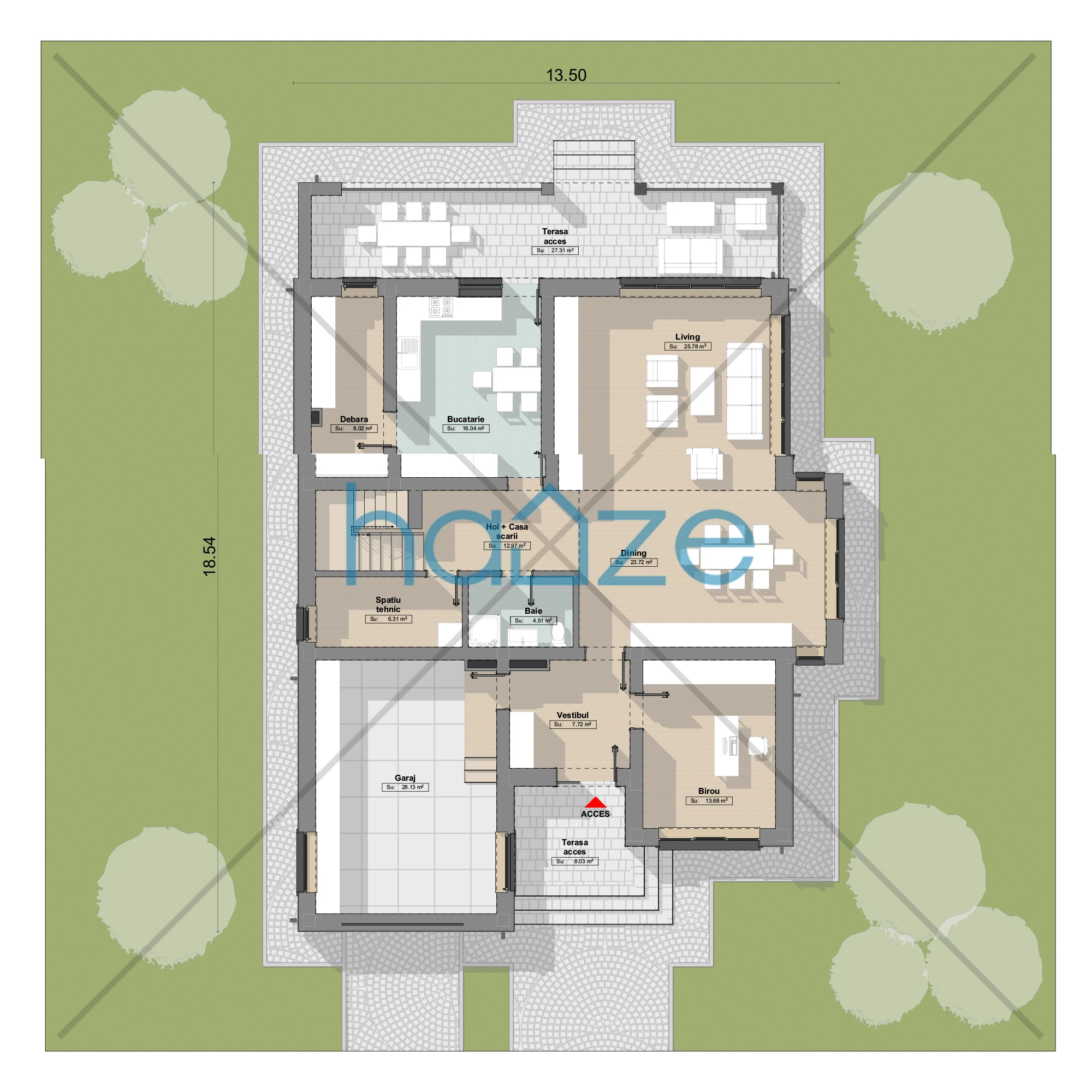 Plan parter casă 4 dormitoare – Troy – 251 m² utili