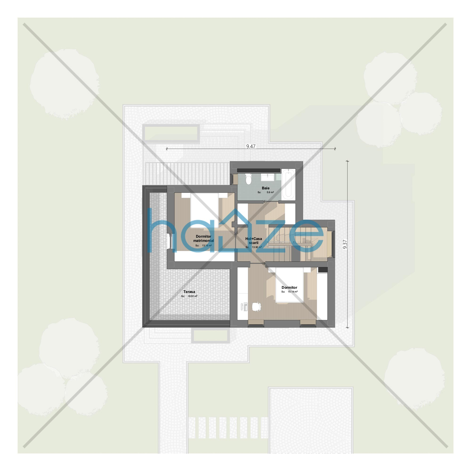 Plan etaj casă 2 dormitoare – Iris – 119 m² utili