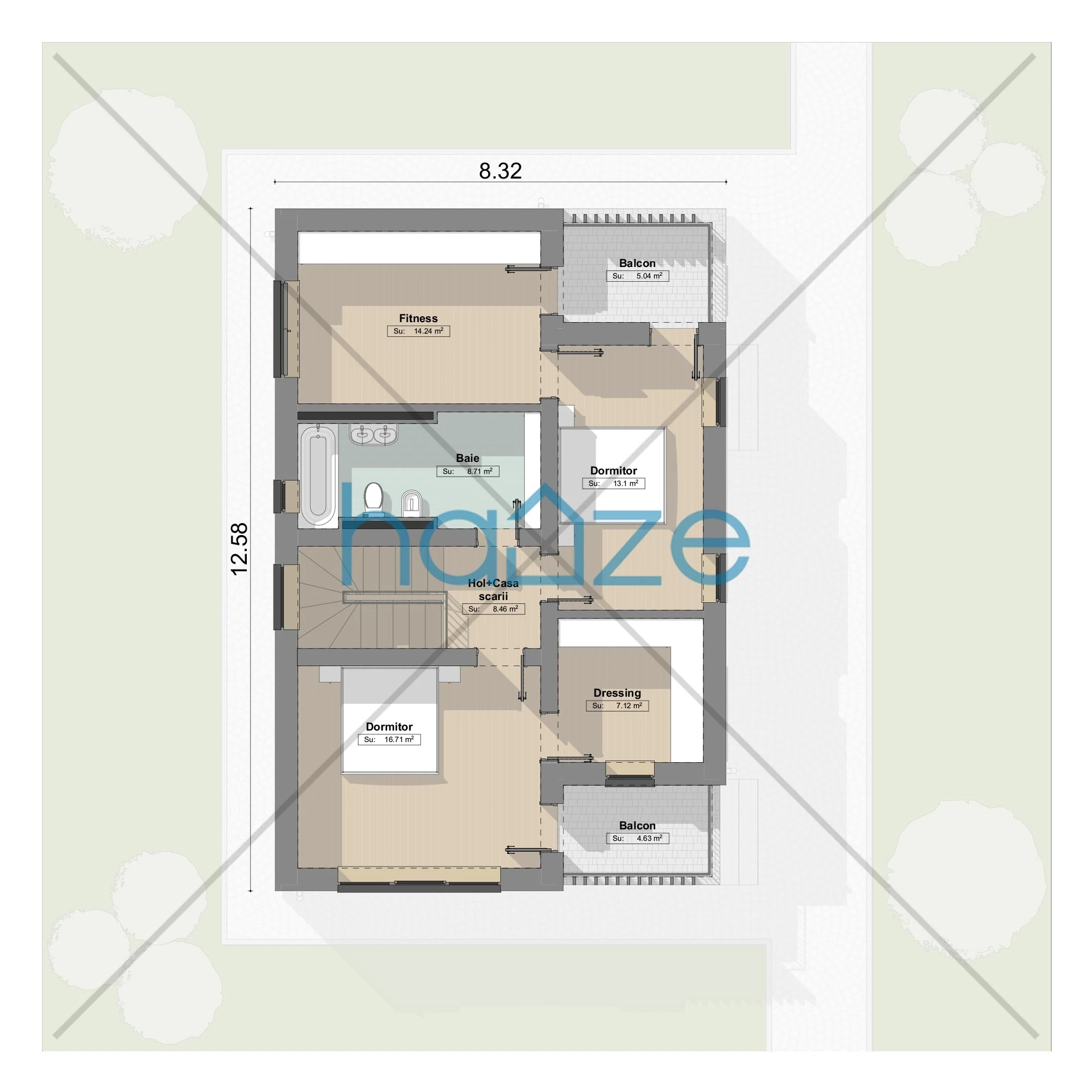 Plan etaj casă 3 dormitoare – Zara – 142 m² utili