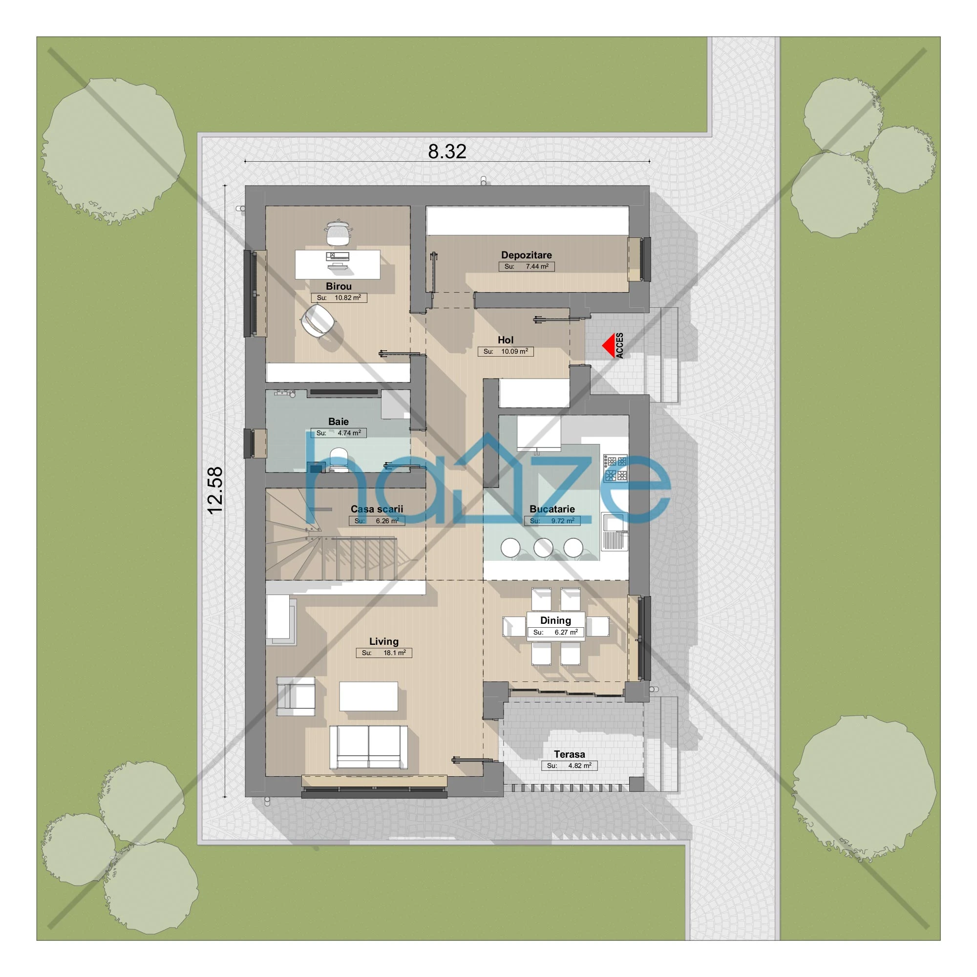 Plan parter casă 3 dormitoare – Zara – 142 m² utili