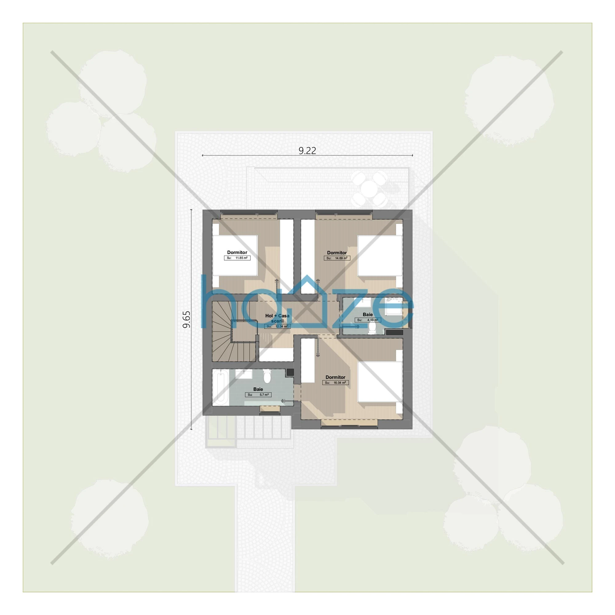 Plan etaj casă 3 dormitoare – Maya – 121 m² utili