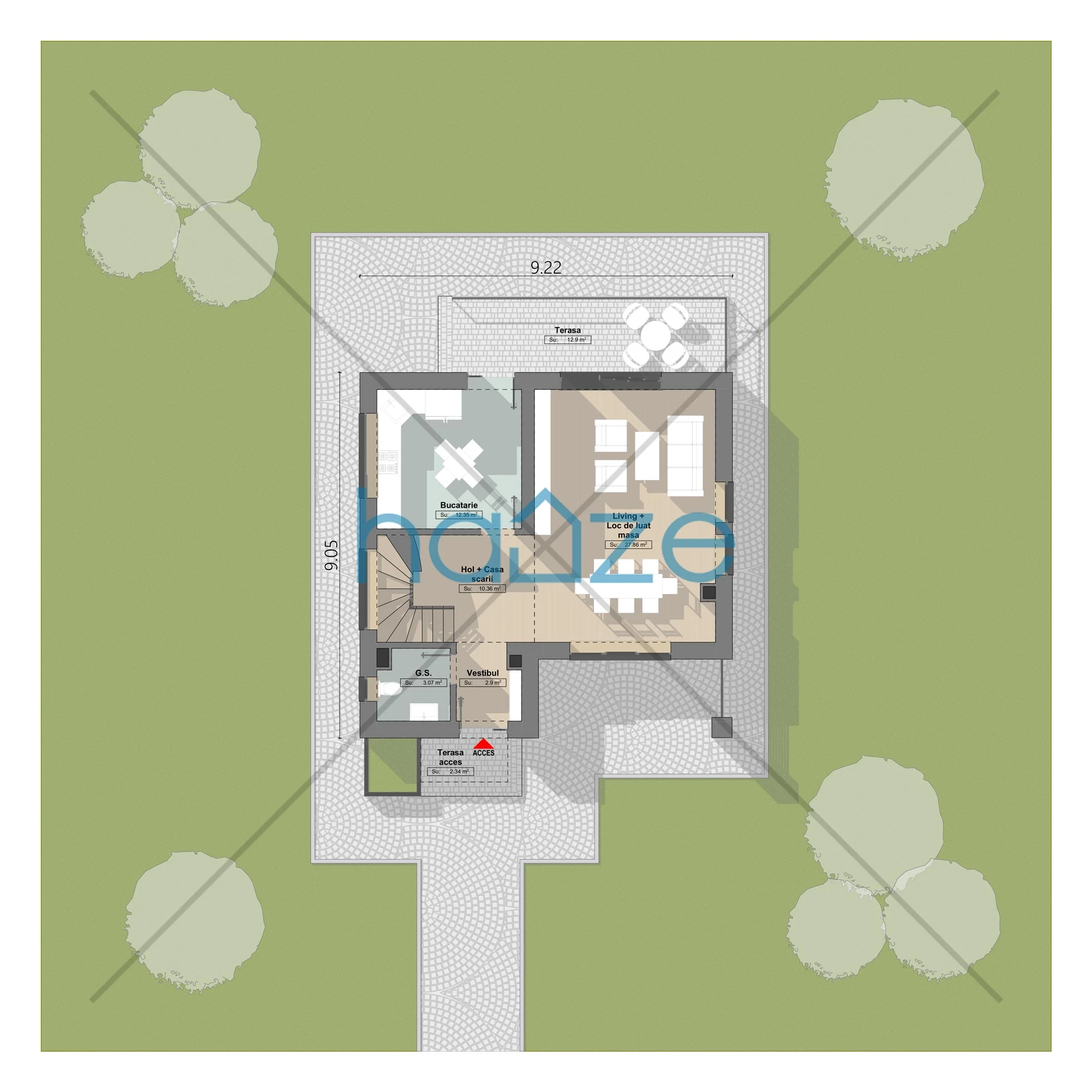 Plan parter casă 3 dormitoare – Maya – 121 m² utili