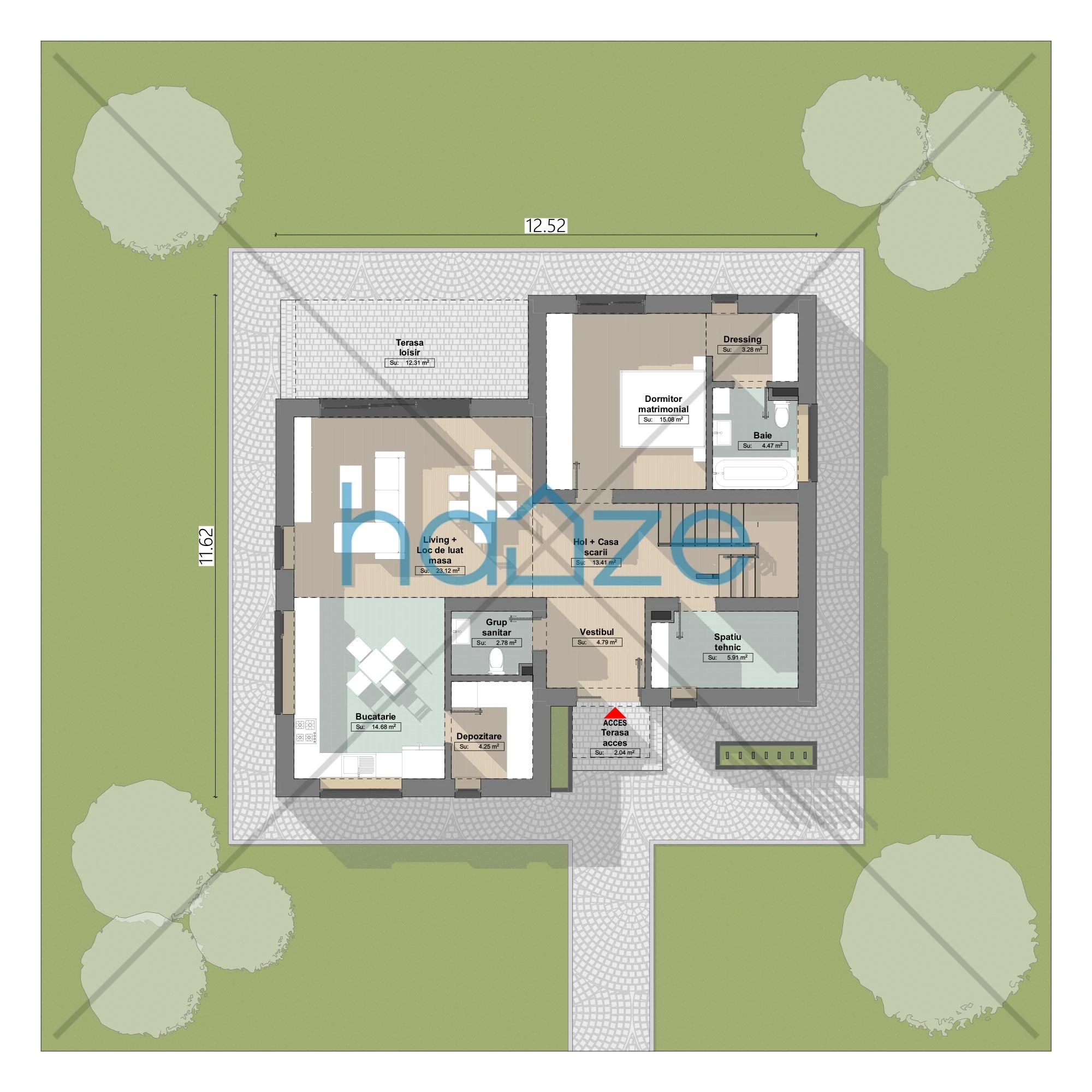 Plan parter casă 4 dormitoare – Sienna – 182 m² utili