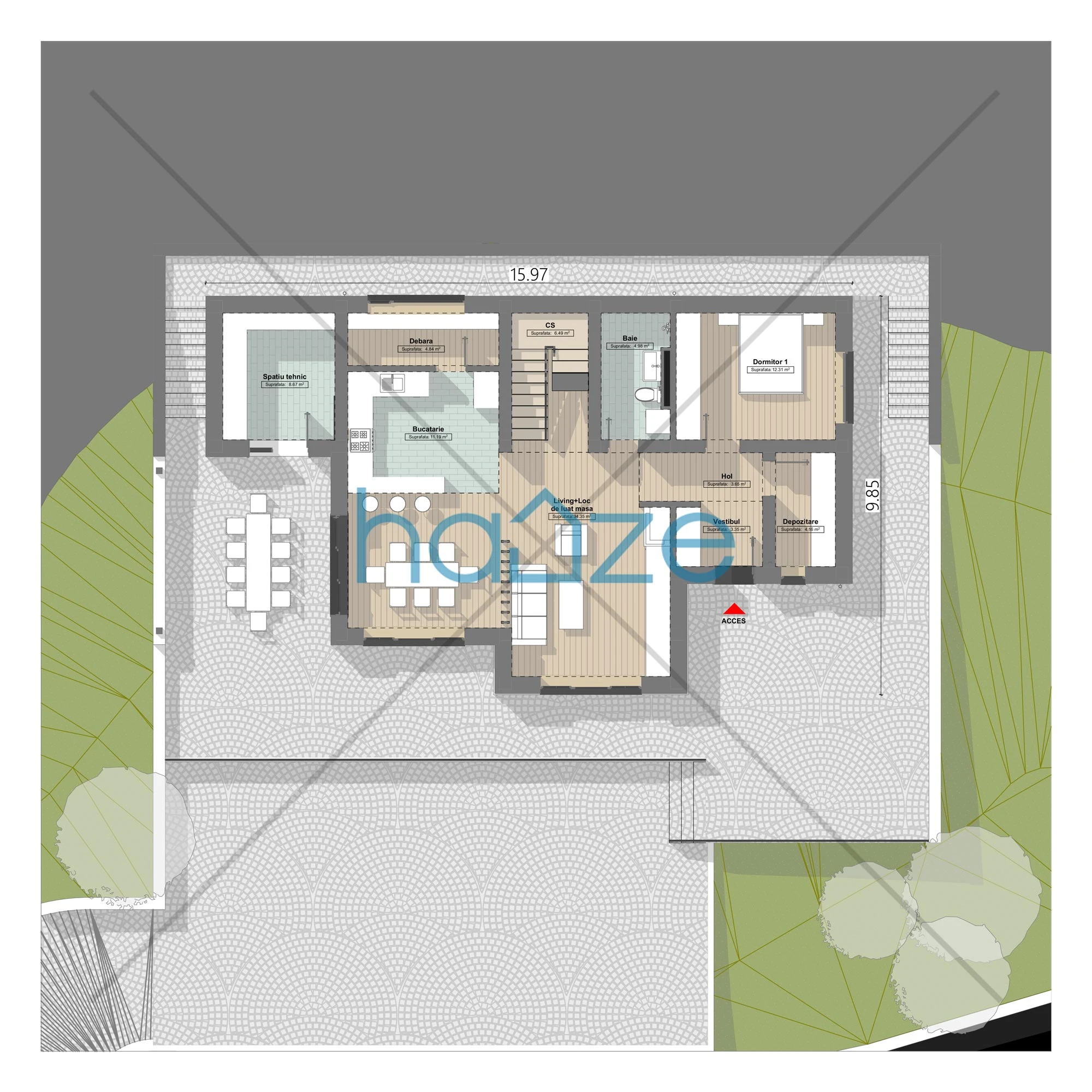 Plan parter casă 3 dormitoare – Evelyn – 150 m² utili