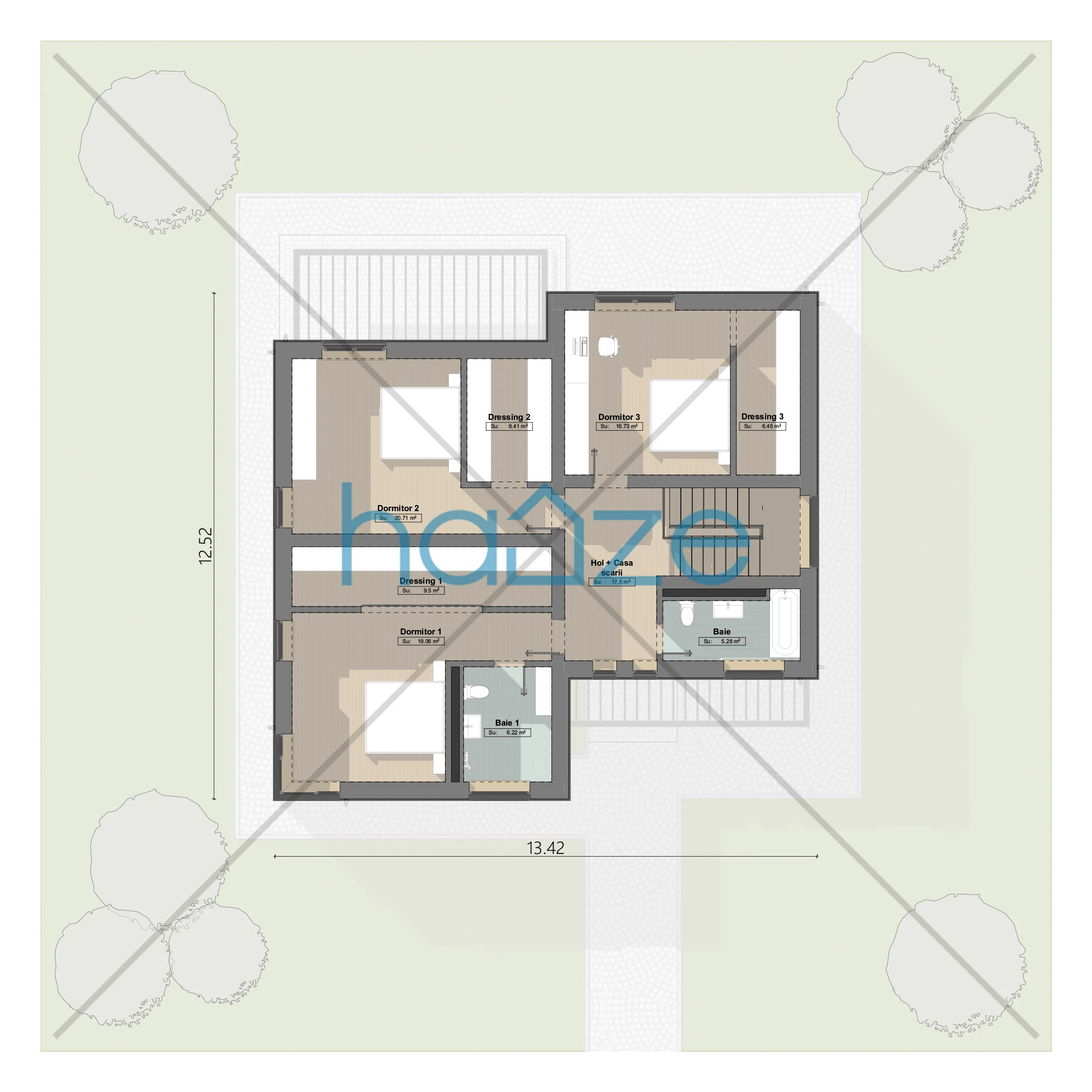 Plan etaj casă 4 dormitoare – Monique – 219 m² utili