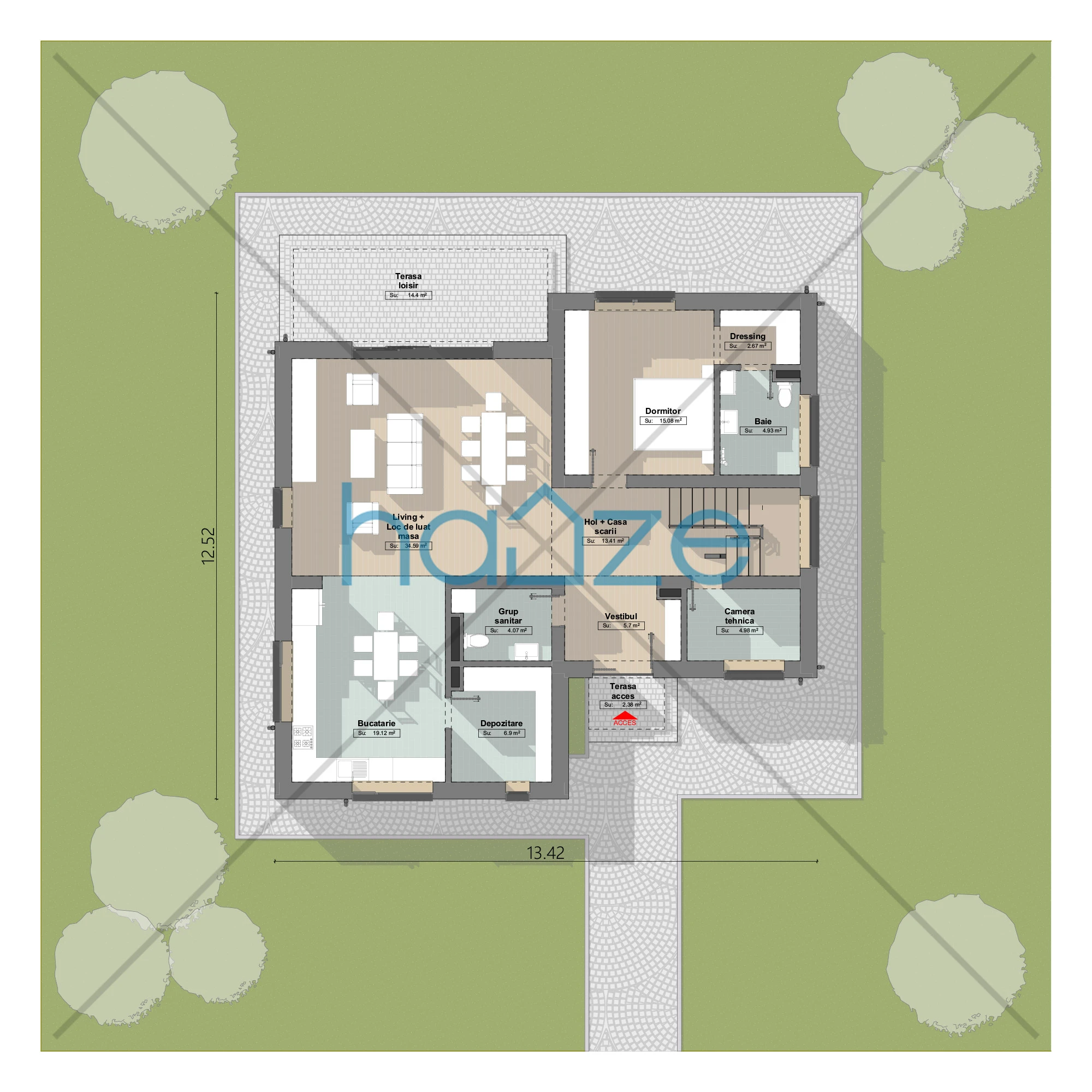 Plan parter casă 4 dormitoare – Monique – 219 m² utili