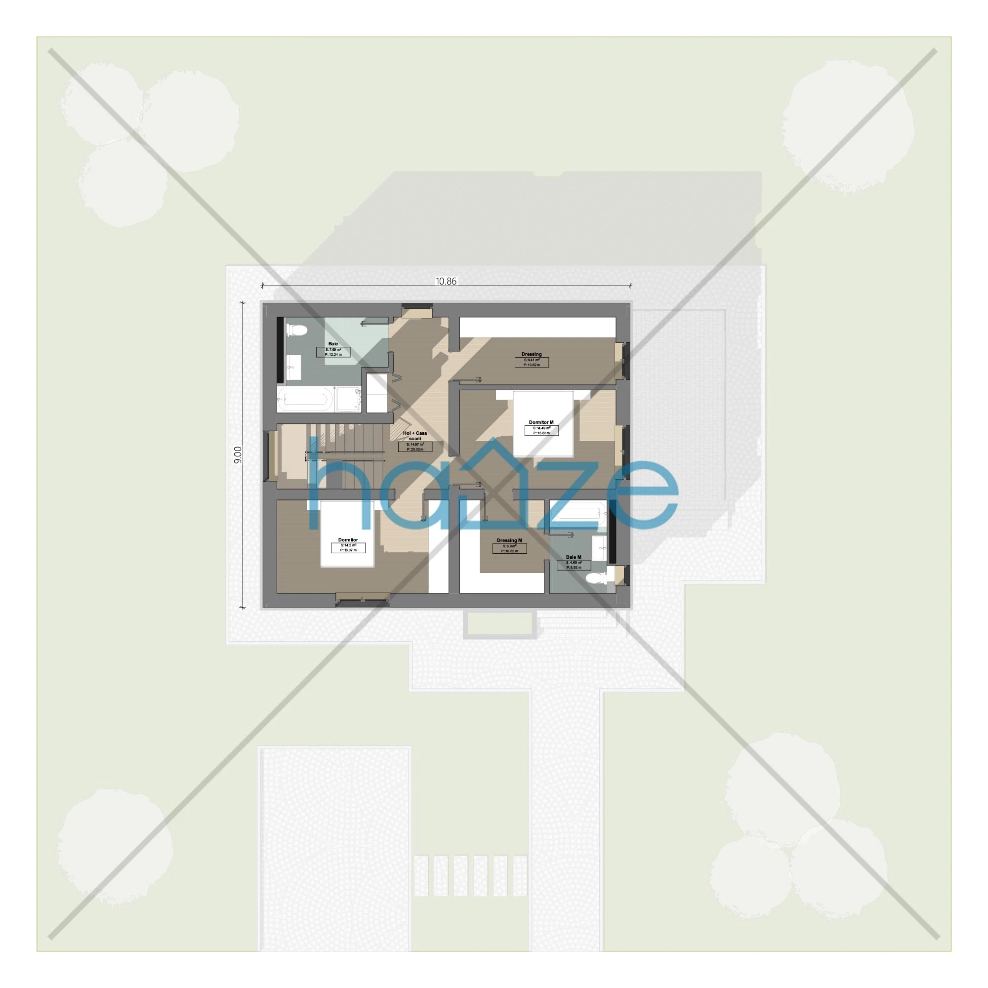 Plan etaj casă 3 dormitoare – Luna – 222 m² utili