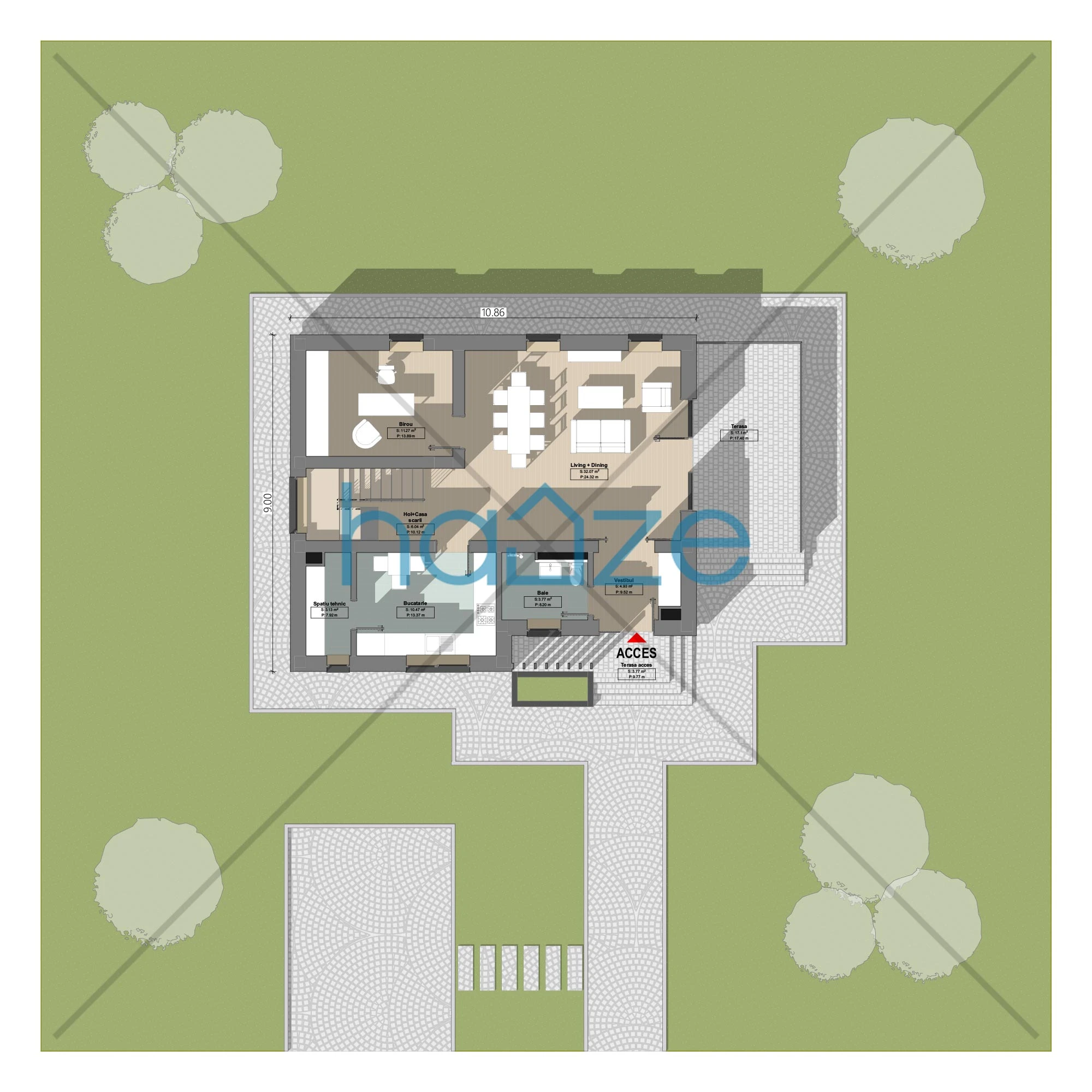 Plan parter casă 3 dormitoare – Luna – 222 m² utili