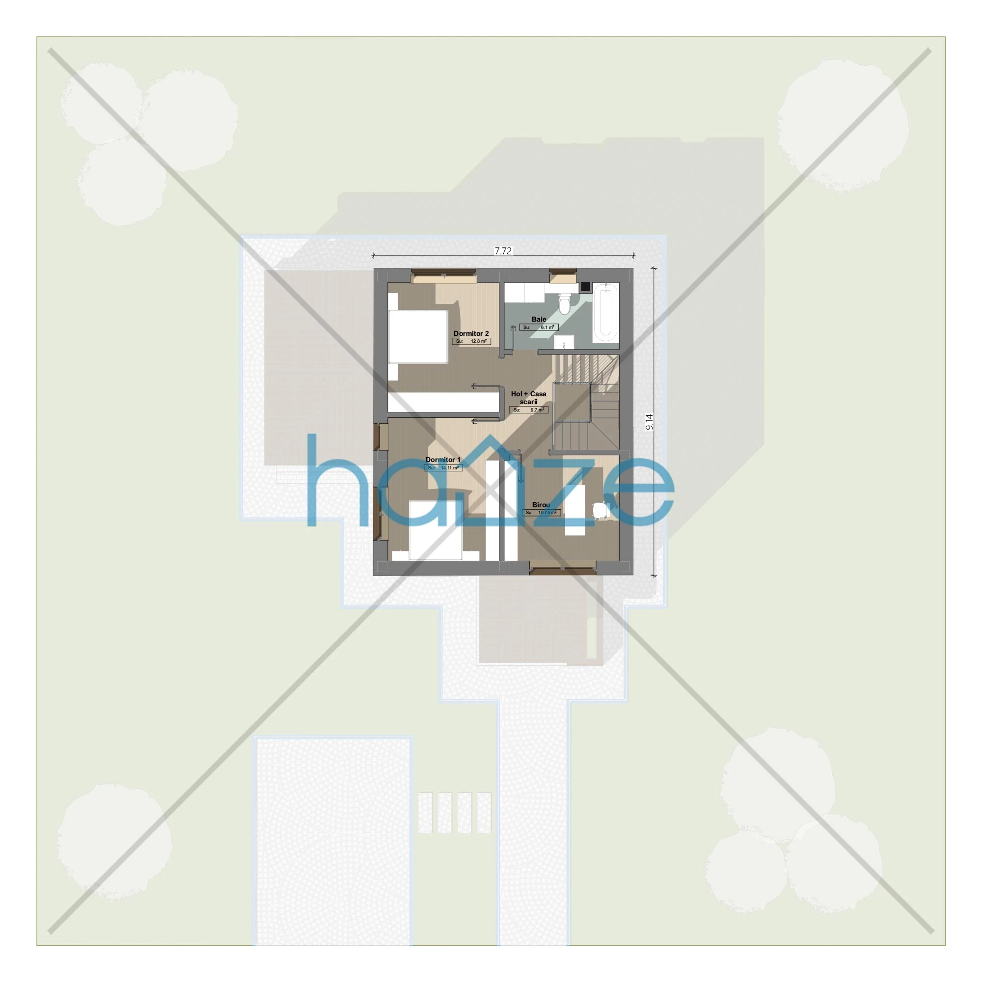 Plan etaj casă 2 dormitoare – Elyra – 107 m² utili