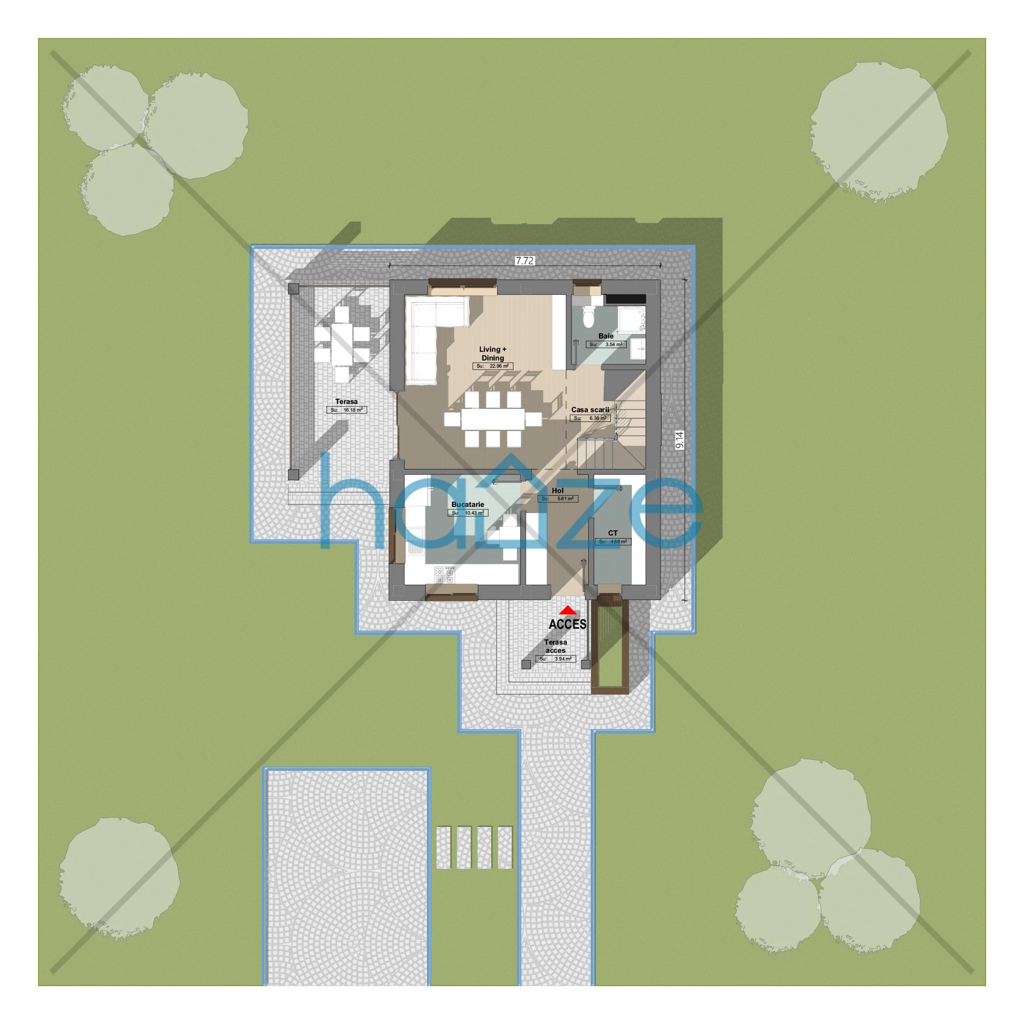 Plan parter casă 2 dormitoare – Elyra – 107 m² utili