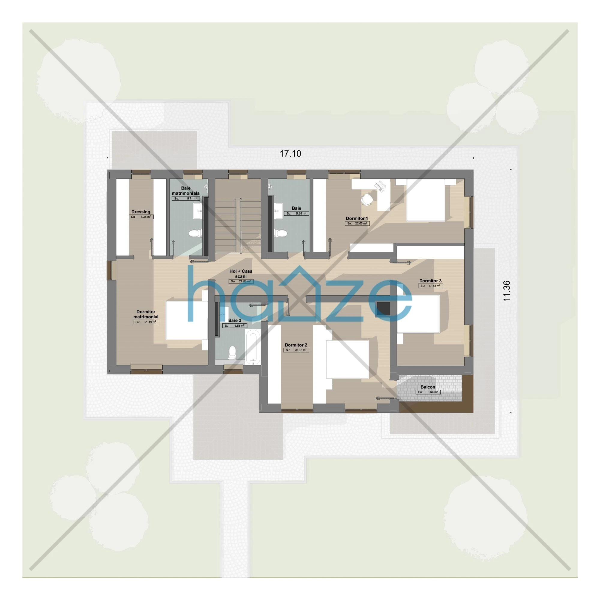 Plan etaj casă 4 dormitoare – Torian – 258 m² utili