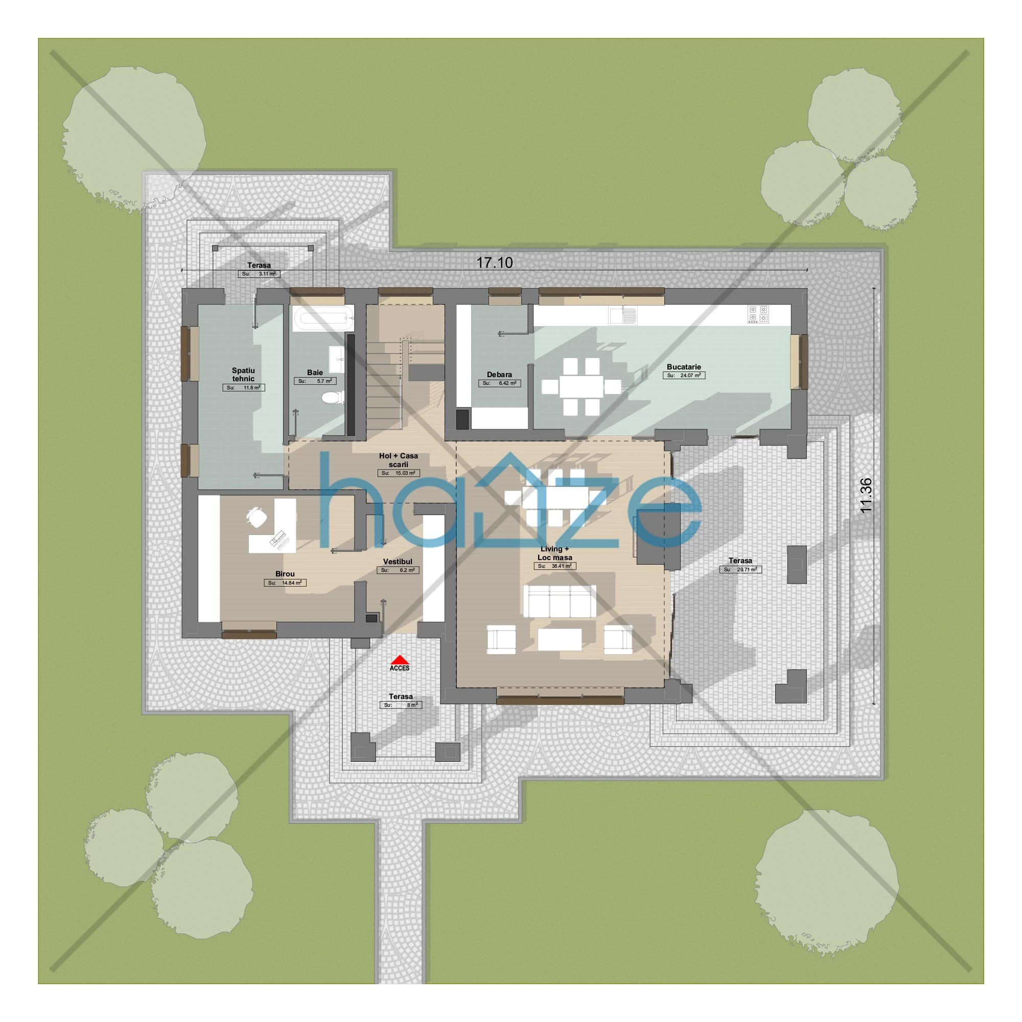 Plan parter casă 4 dormitoare – Torian – 258 m² utili