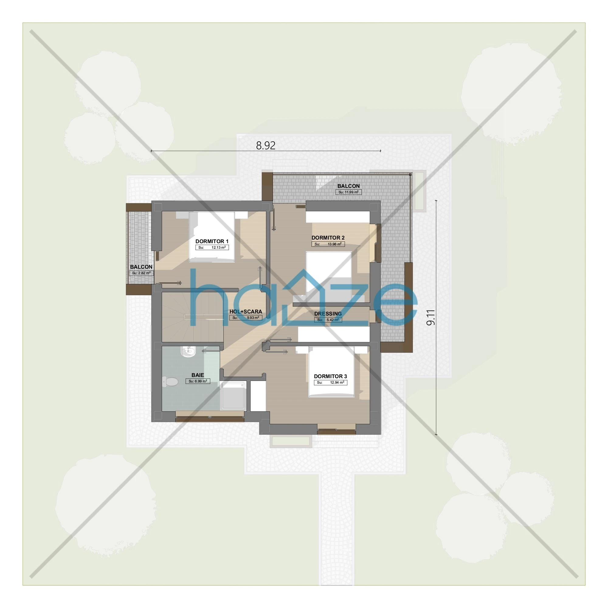 Plan etaj casă 3 dormitoare – Nida – 115 m² utili