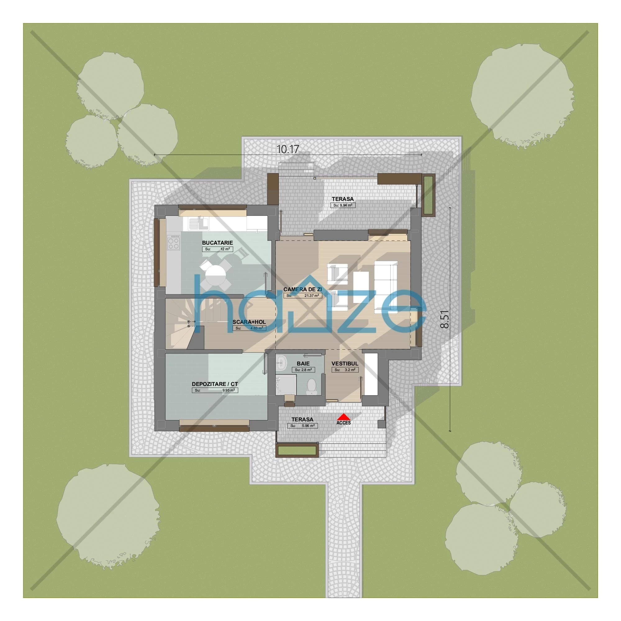 Plan parter casă 3 dormitoare – Nida – 115 m² utili