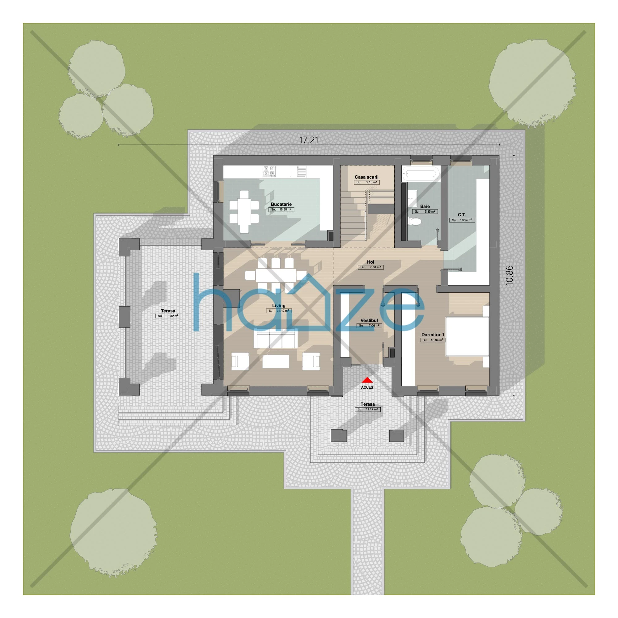 Plan parter casă 3 dormitoare – Alveria – 187 m² utili