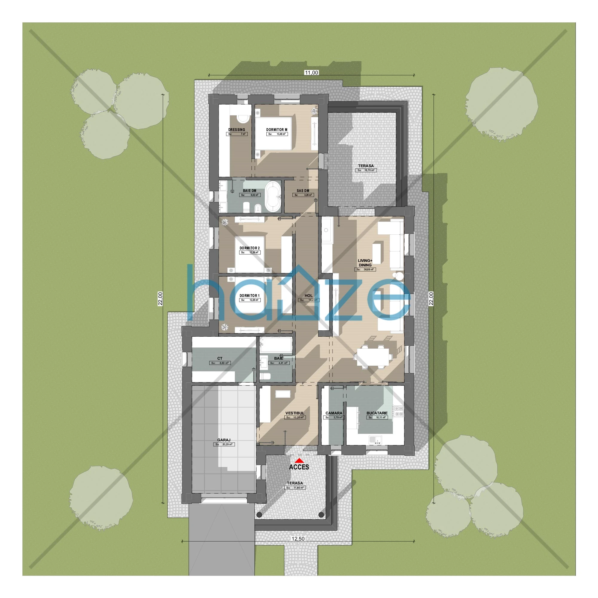 Plan parter casă 3 dormitoare – Ariela – 163 m² utili