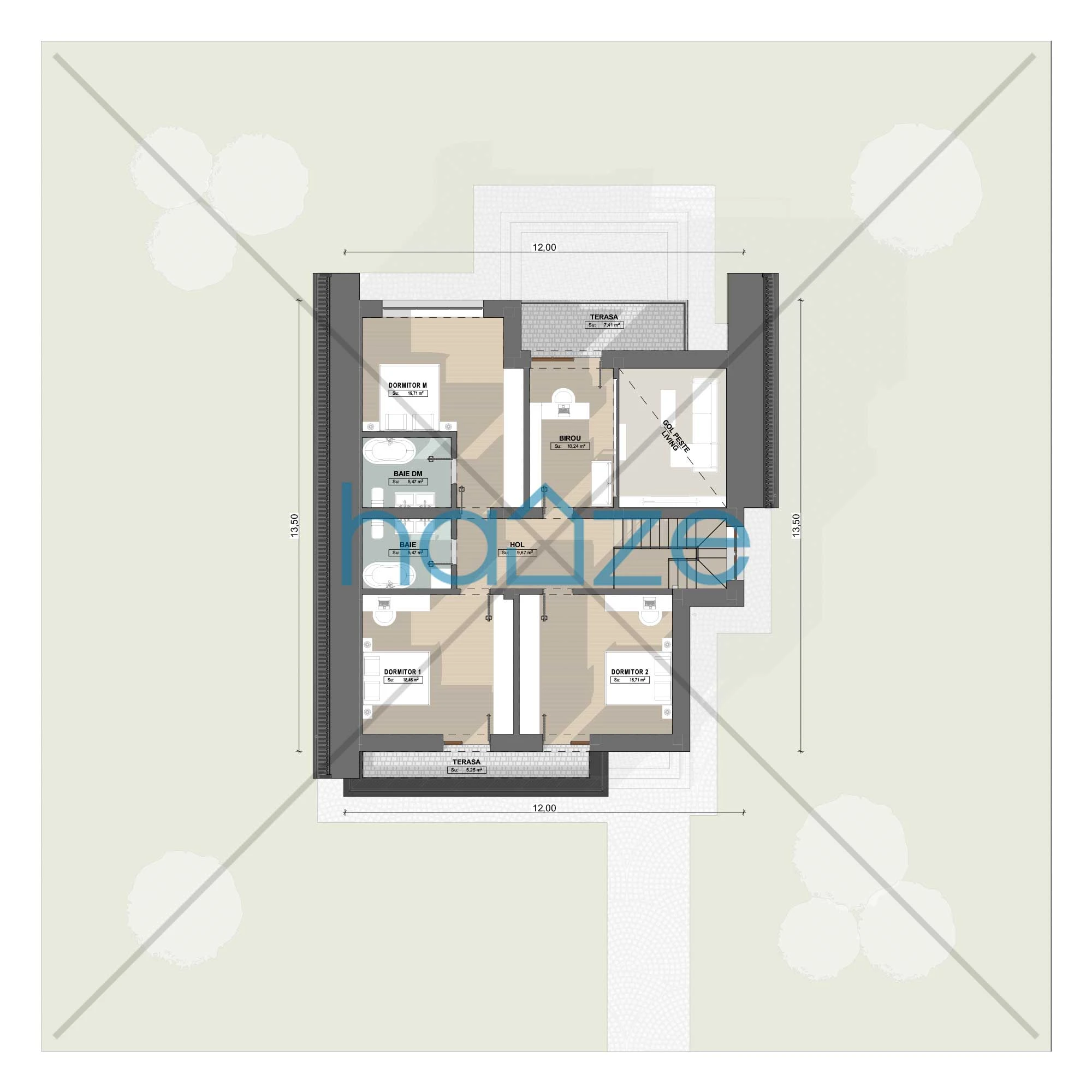 Plan mansarda casă 3 dormitoare – Selina – 201 m² utili