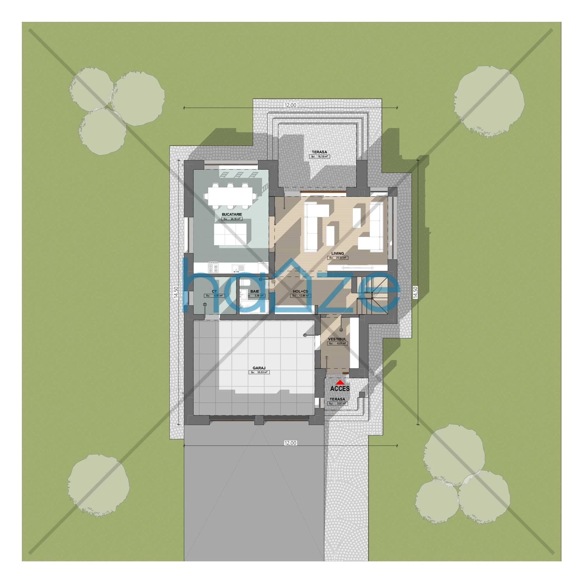 Plan parter casă 3 dormitoare – Selina – 201 m² utili