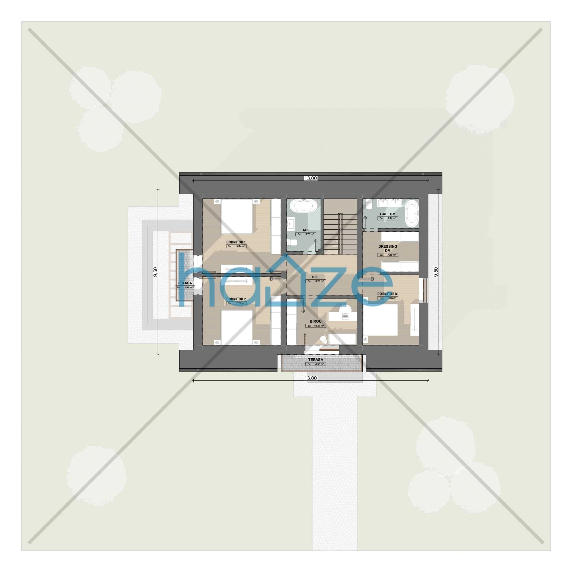 Plan mansarda casă 3 dormitoare – Liora – 180 m² utili