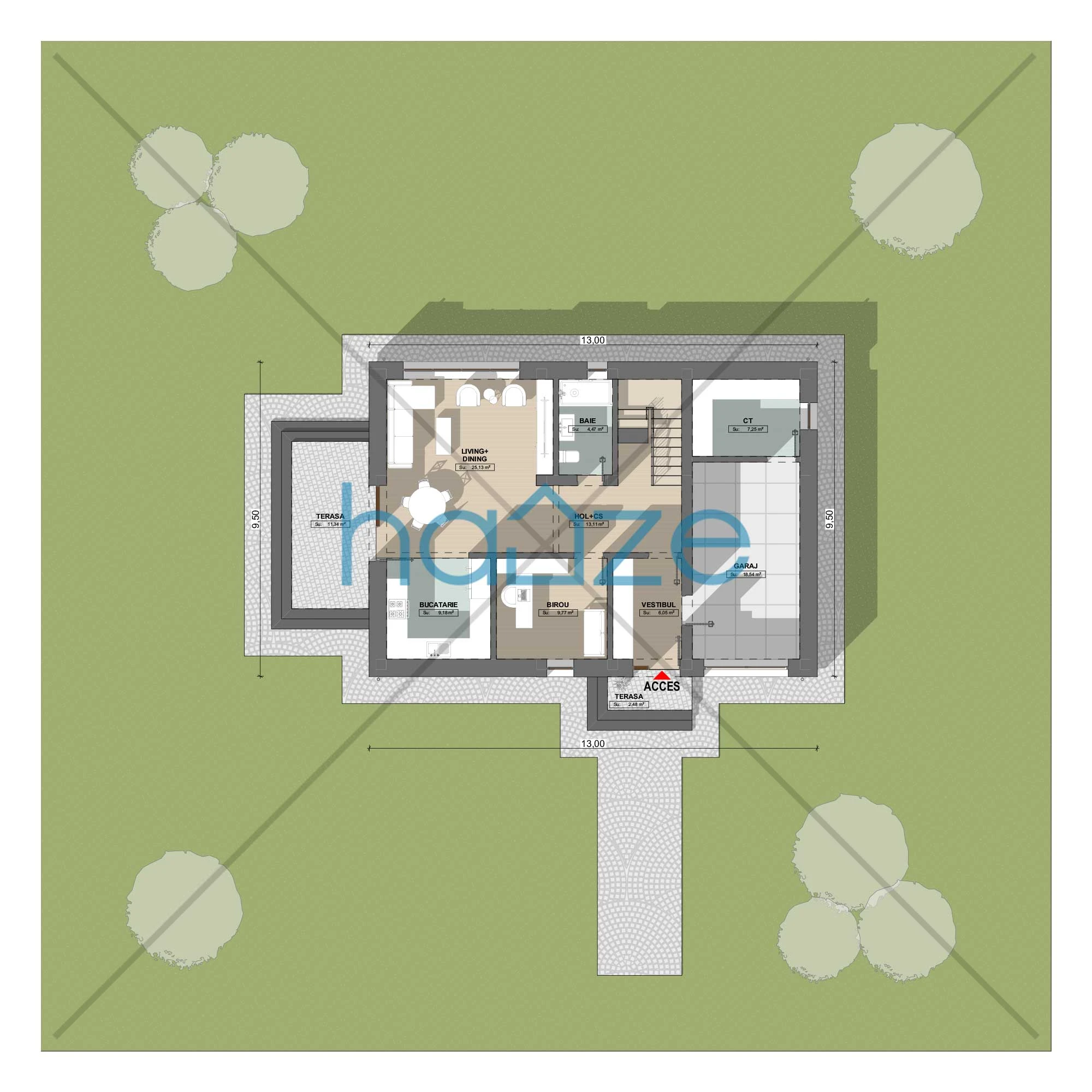 Plan parter casă 3 dormitoare – Liora – 180 m² utili