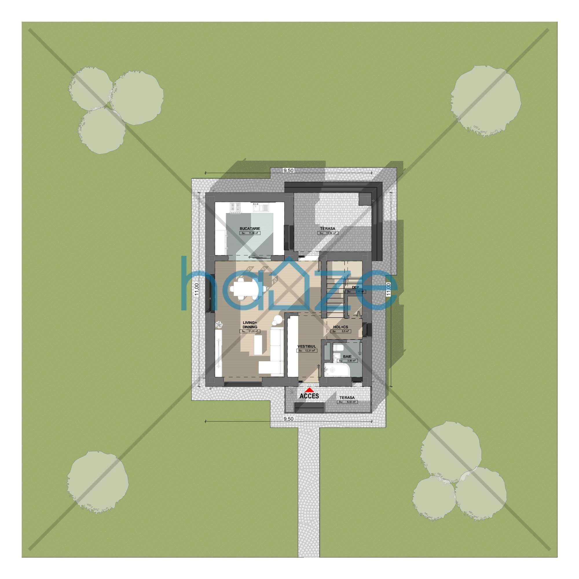 Plan parter casă 3 dormitoare – Elvira – 139 m² utili
