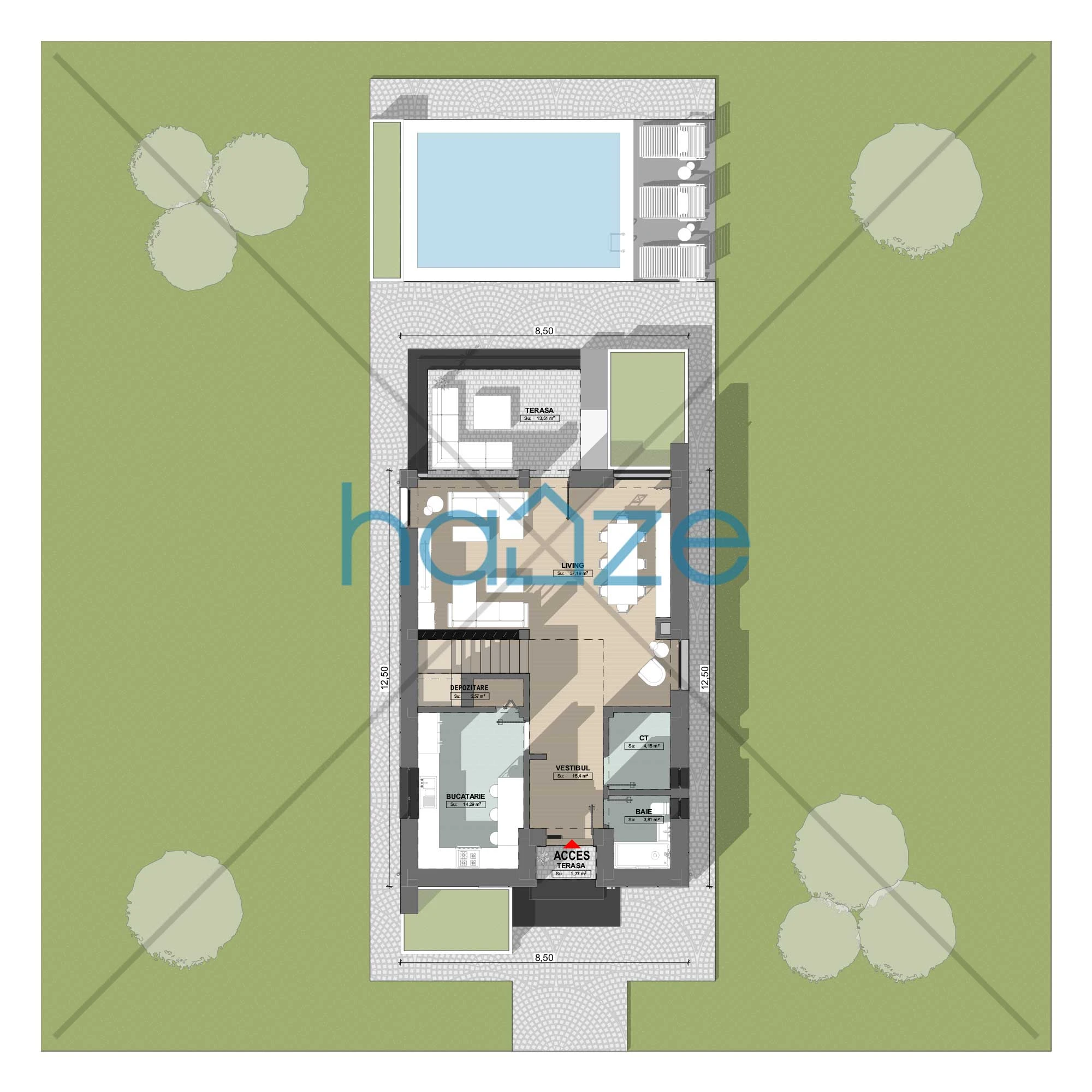 Plan parter casă 3 dormitoare – Adelina – 149 m² utili