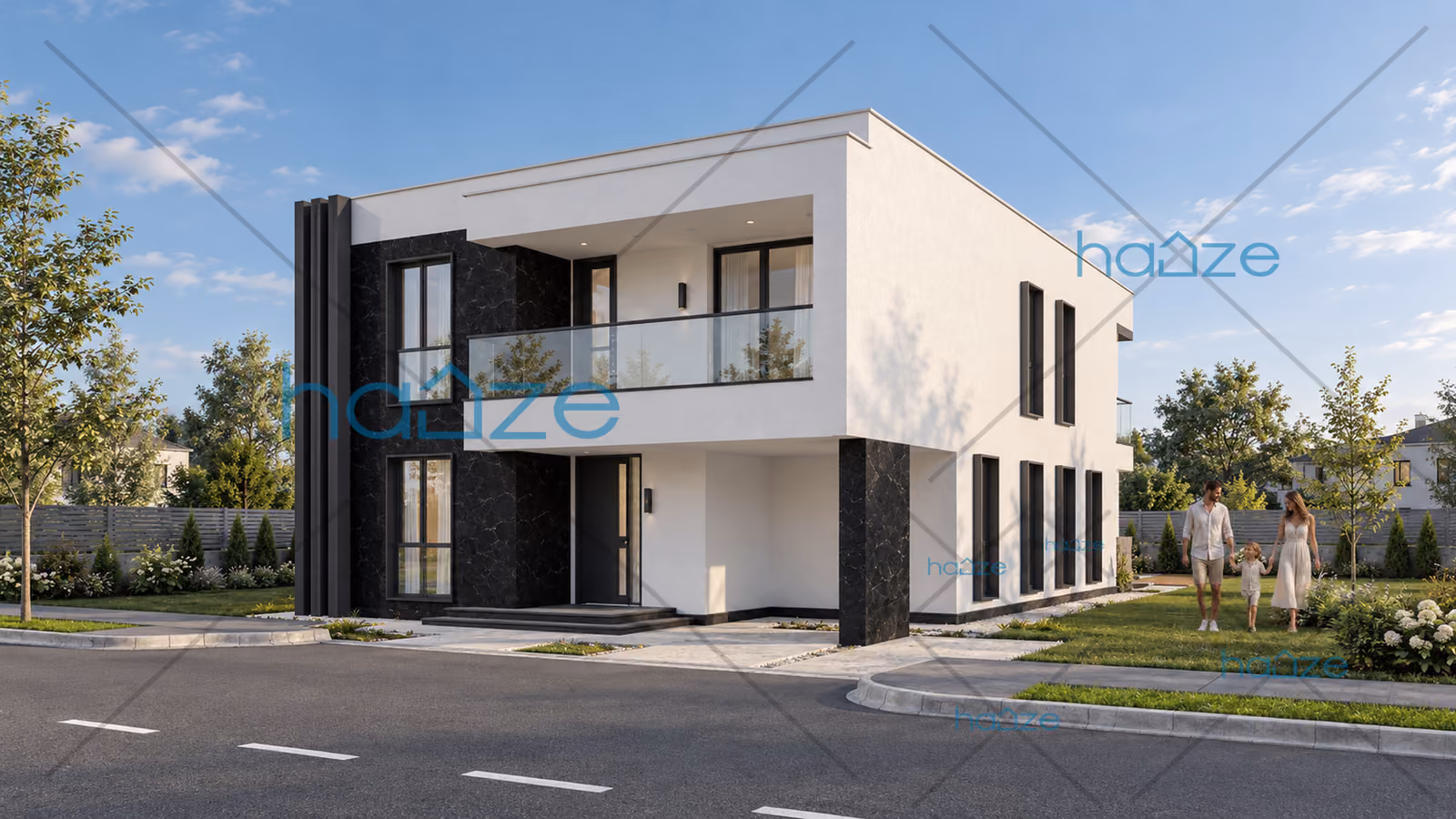 Randare, fațada principală cu intrarea, balconul cu parapet din sticlă și placajul din piatră neagră, Proiect casă cu etaj, 3 dormitoare, 158 mp – Stella