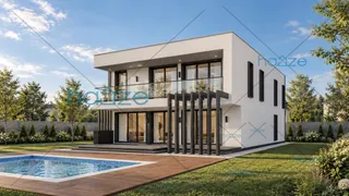 Randare, fațada spre grădină, cu terasa acoperită, pergola cu lamele și piscina, Proiect casă cu etaj, 3 dormitoare, 158 mp – Stella