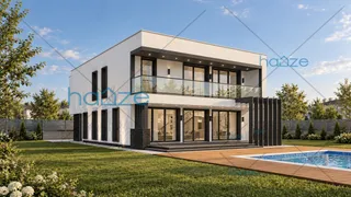 Randare, fațada spre grădină, cu terasa de la etaj și piscina, Proiect casă cu etaj, 3 dormitoare, 158 mp – Stella