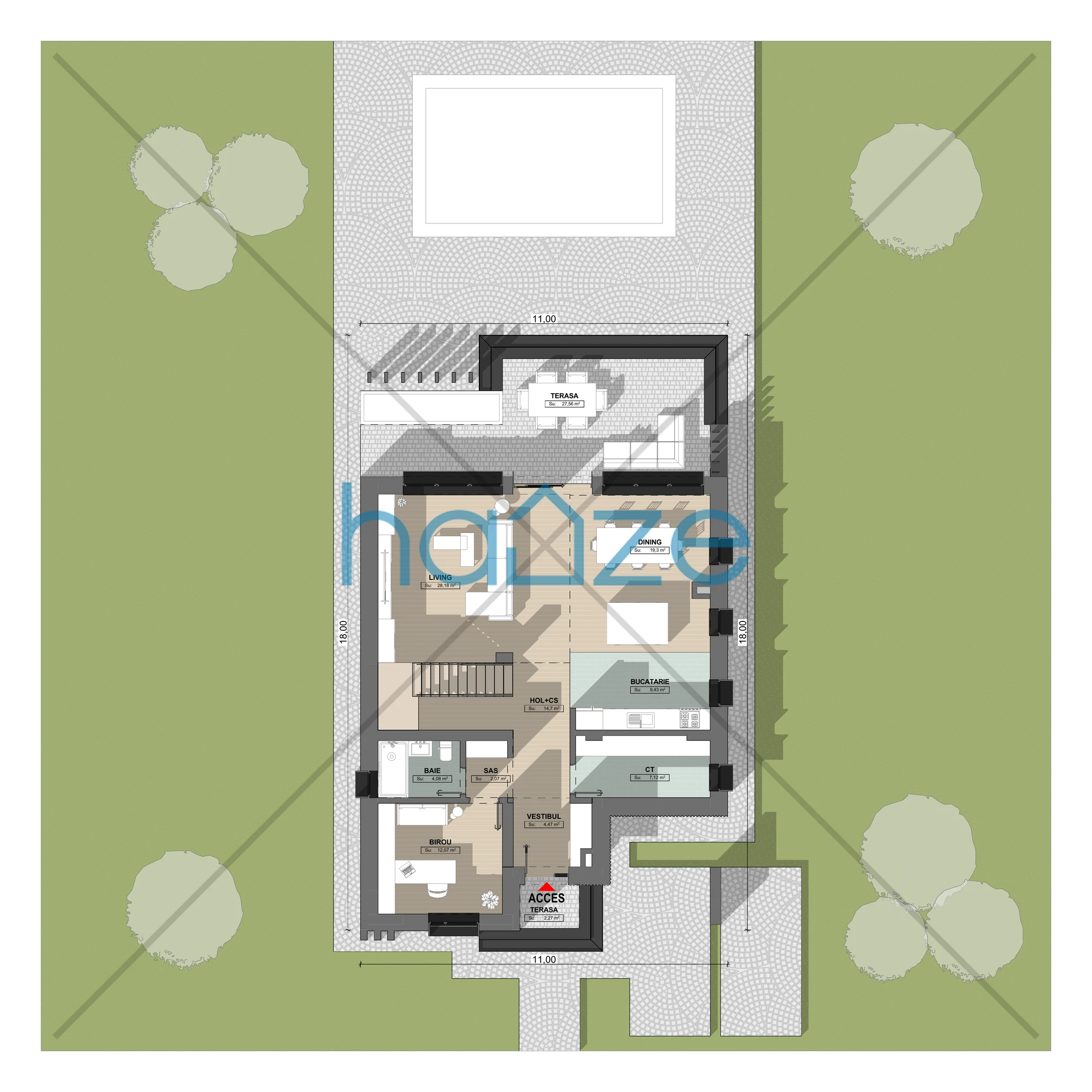 Plan parter casă 3 dormitoare – Stella – 226 m² utili
